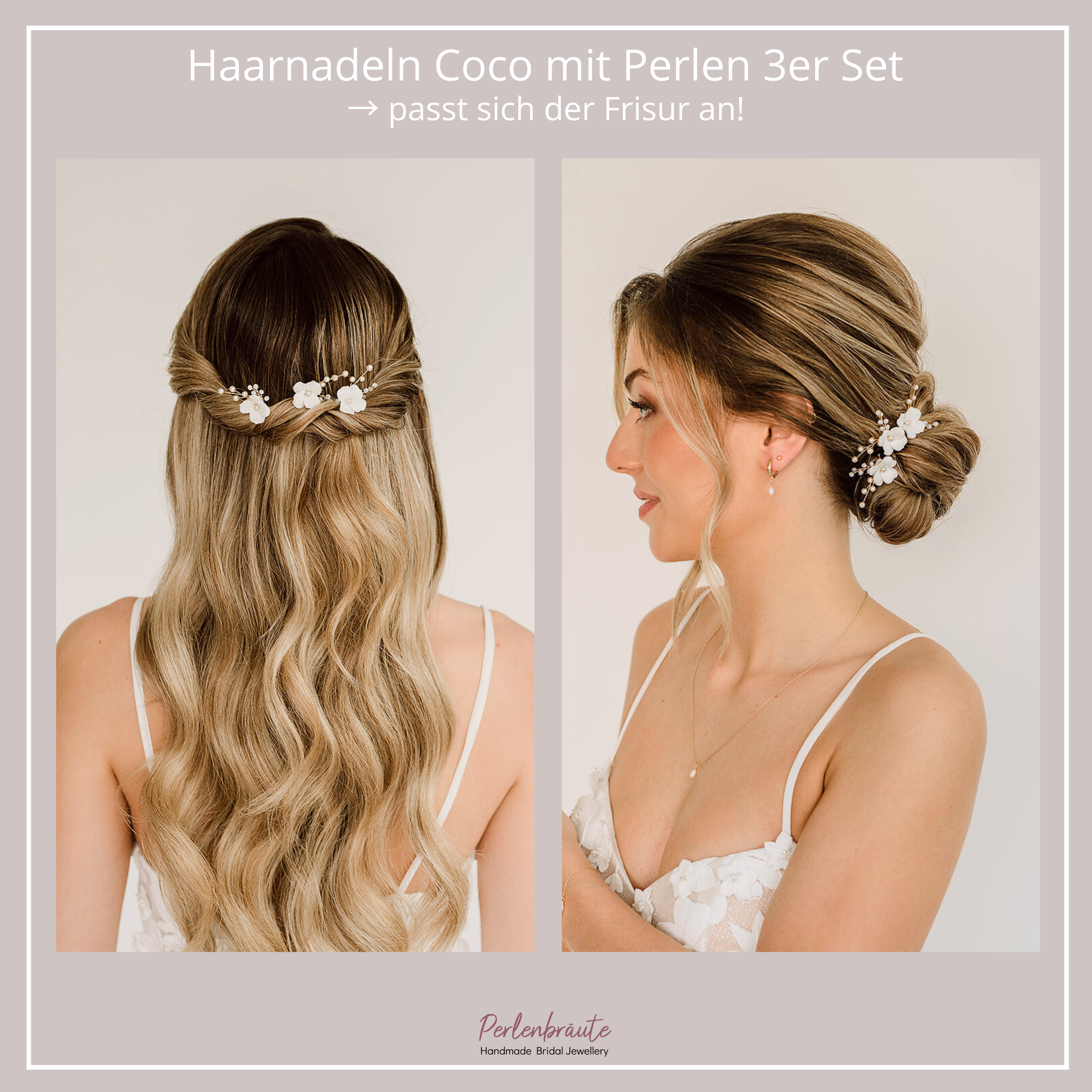 Perlenbräute Coco mit Perlen 3er Set Haarnadeln Gold weiße Blüten