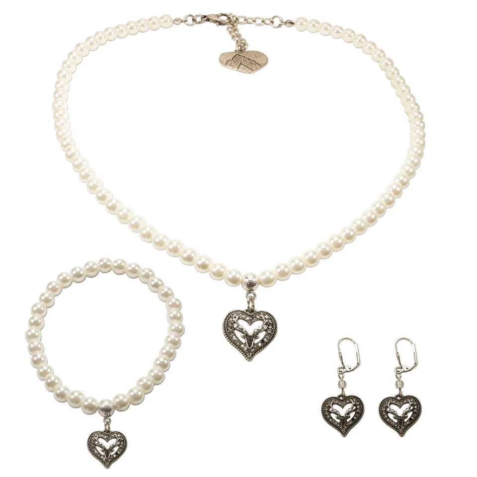 Alpenflüstern DAHEIM SET046 Trachtenset Perlenkette Herz-Hirsch creme