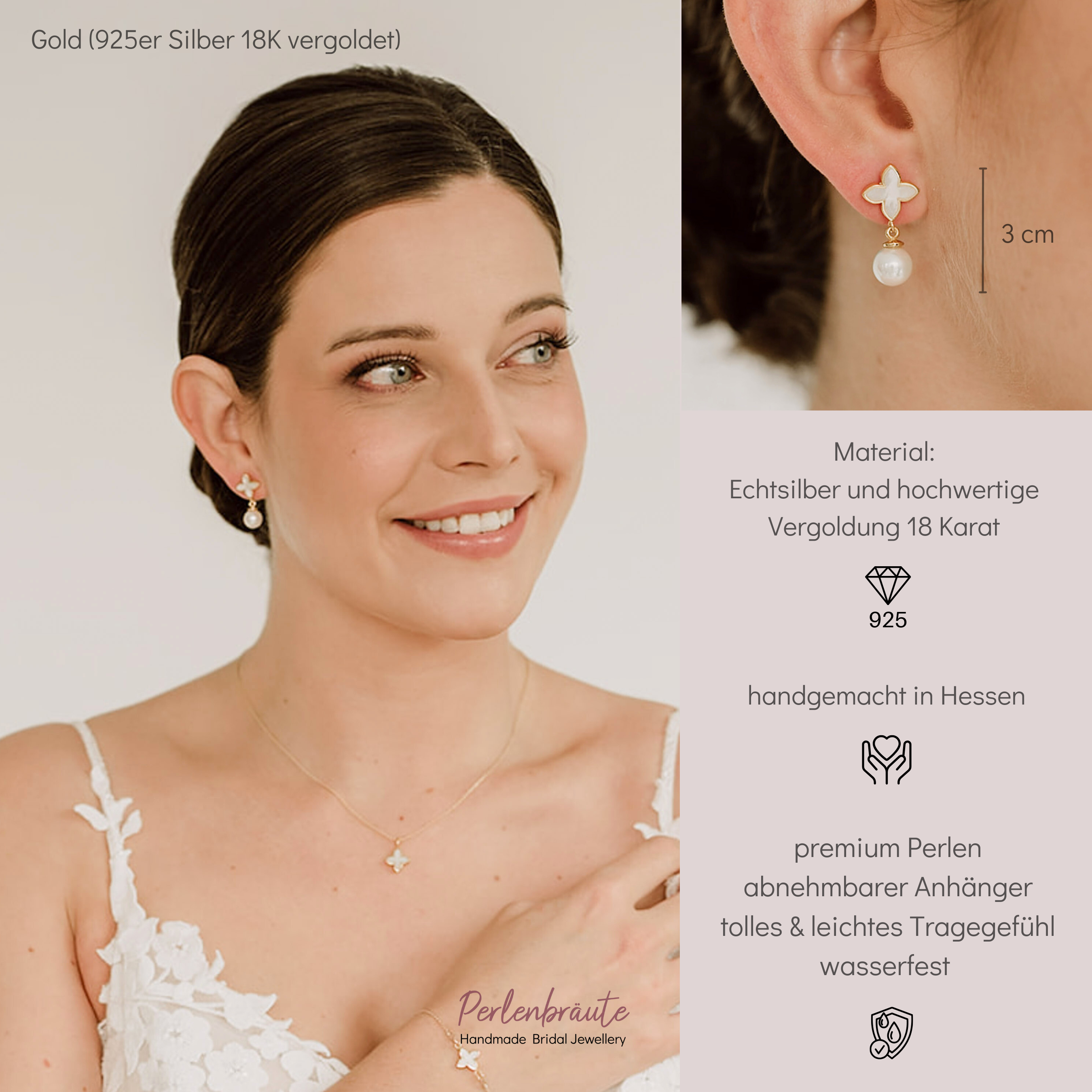 Perlenbräute Daisy Ohrringe Gold mit Blüte und Perle 3 cm