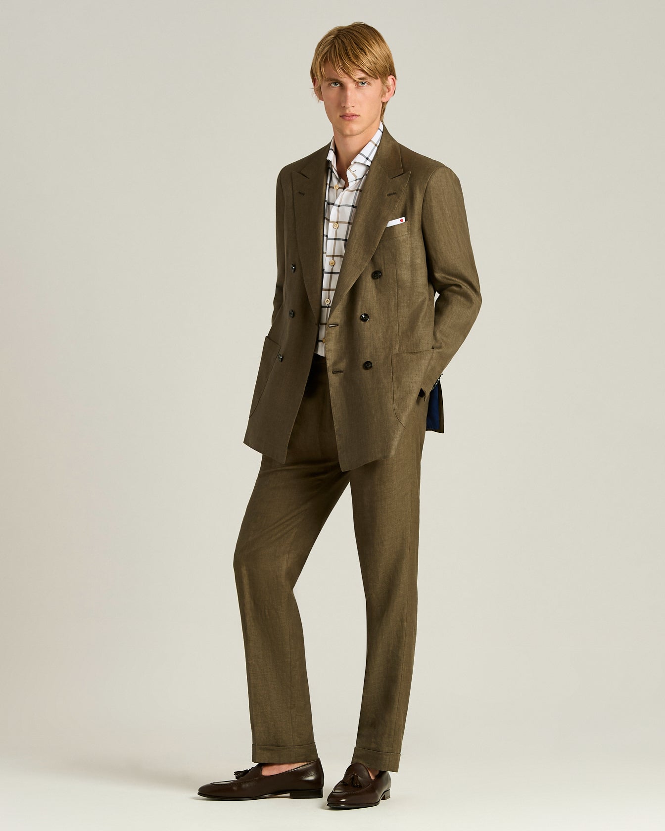 Kiton Double-Breasted Anzug Gr.50 Braun Leinen