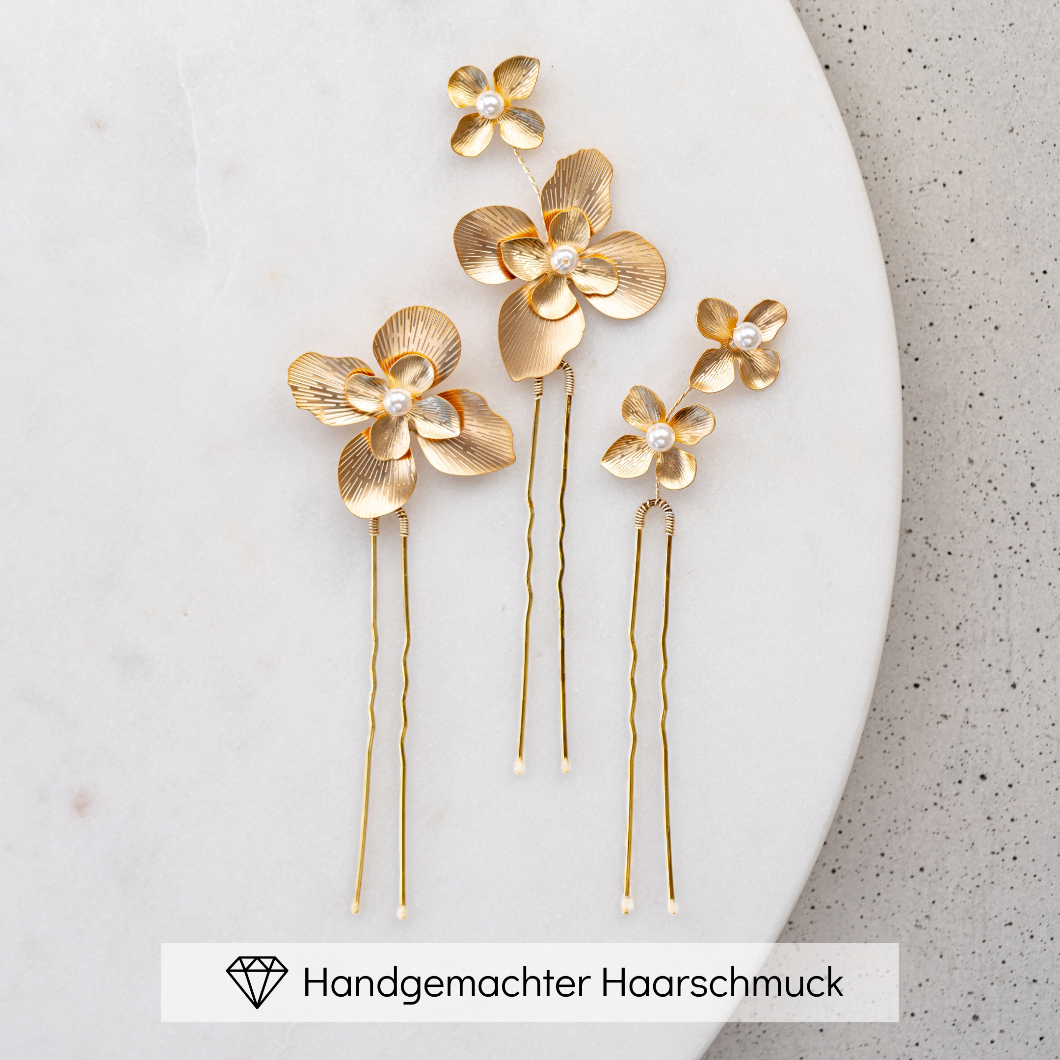 Perlenbräute Haarschmuck Vika Haarnadeln Blüten 3er Gold Perlen