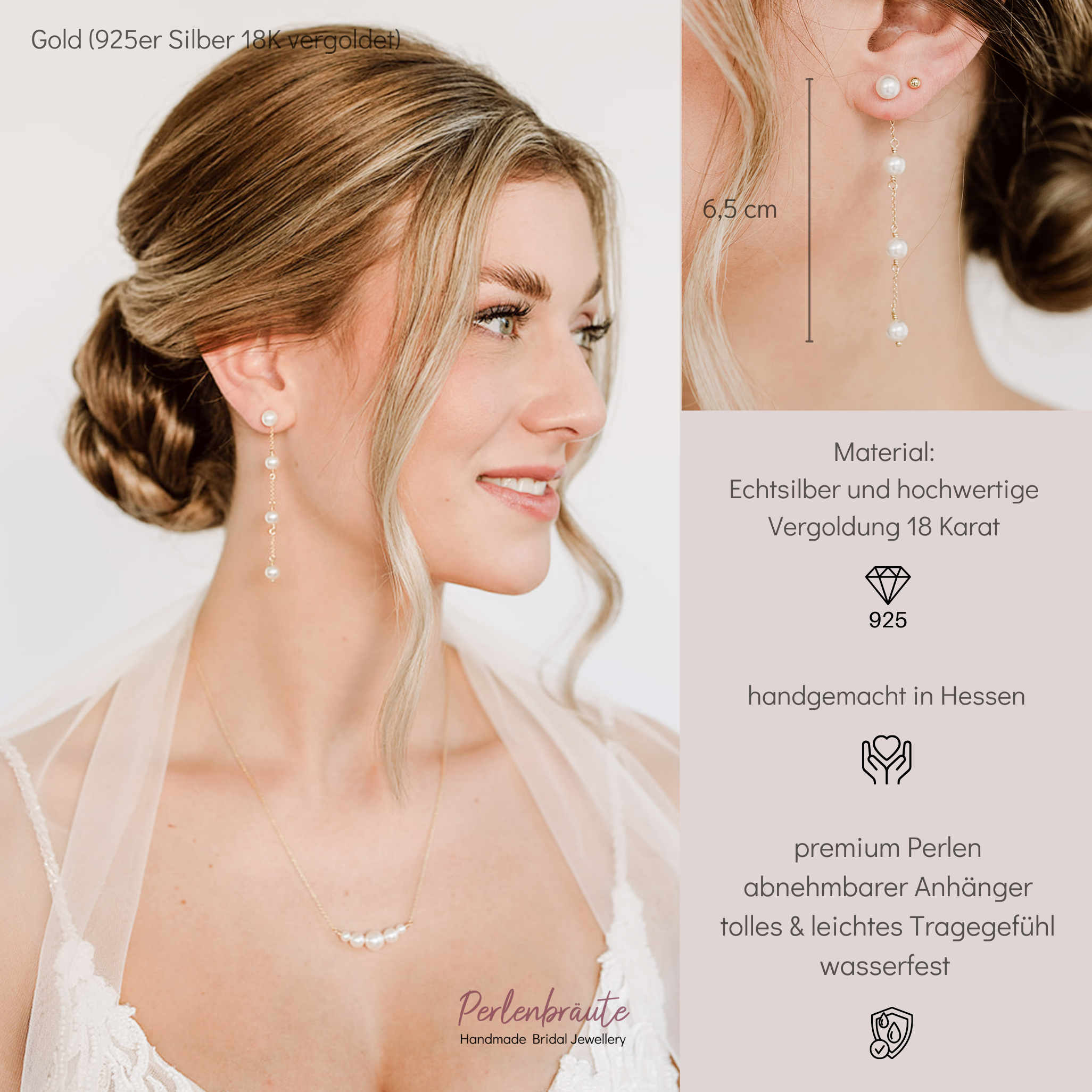 Perlenbräute Lola Ohrringe Hochzeit Perlen Gold 2-in-1