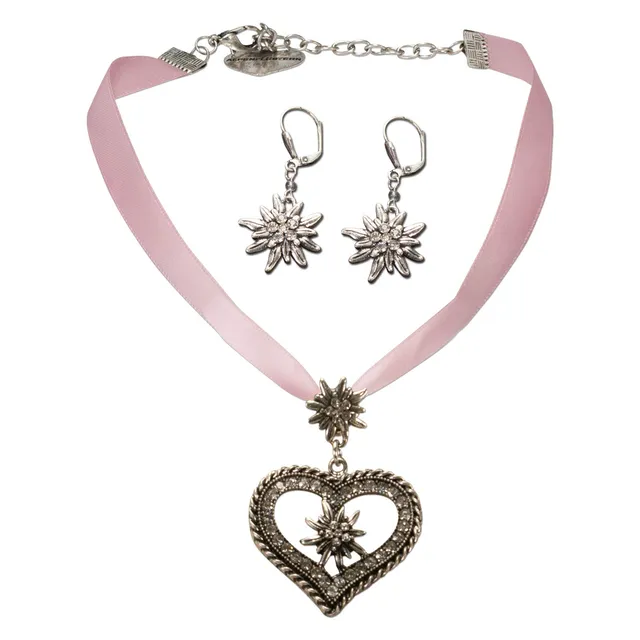 Alpenflüstern Daheim SET044 Trachtenset rosa-rosé Satinkette+Ohrhänger