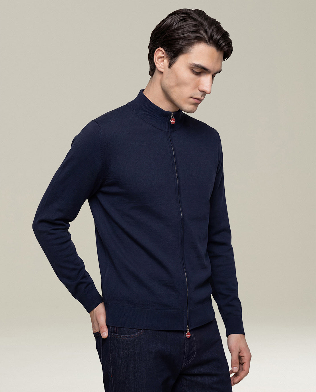 Kiton Jackets Navy Blue High-Collar Zip Jacke Wolle navy