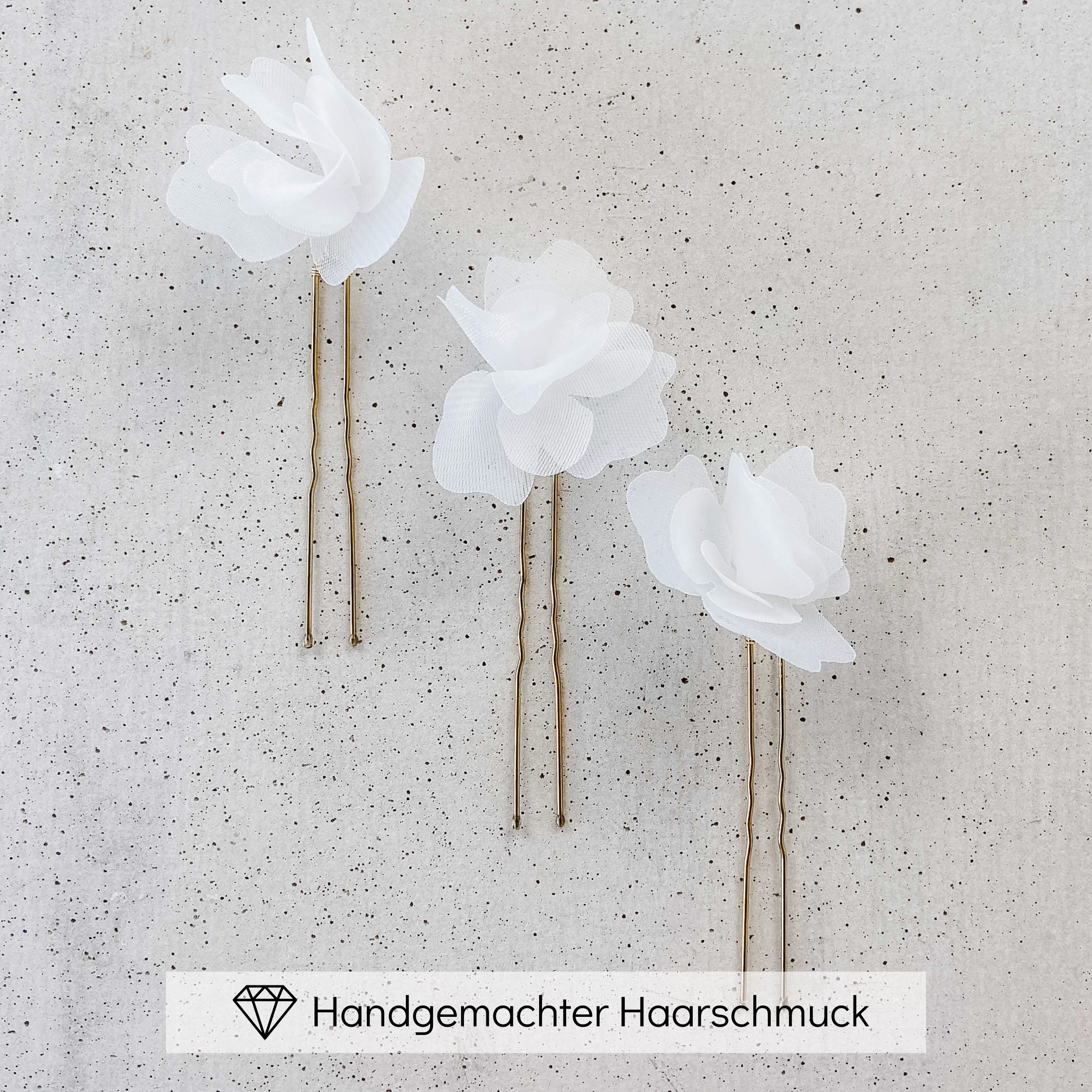 Perlenbräute Flora Haarnadeln Gold Stoffblüten 3er Set