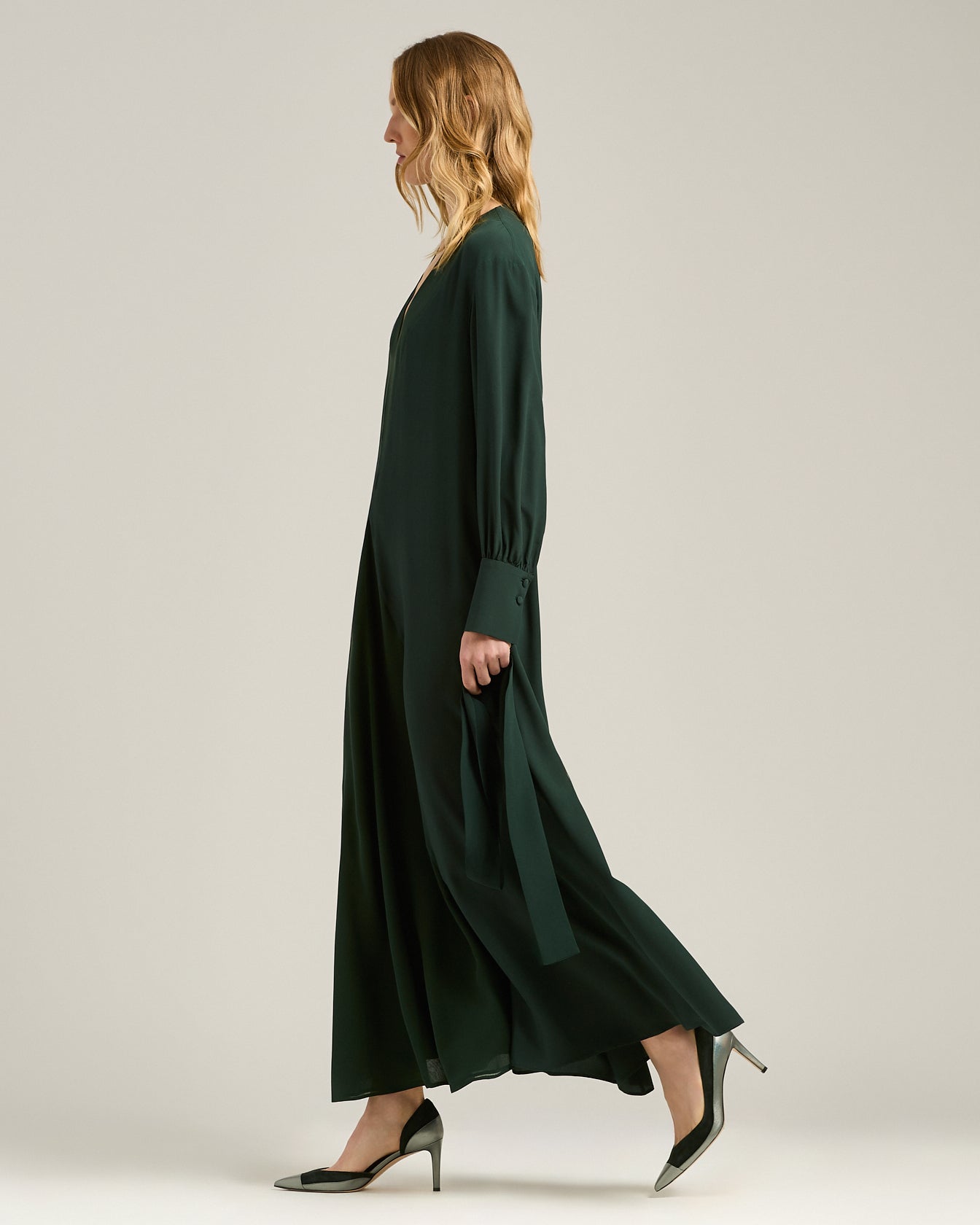 Kiton Dresses Seidenkleid dunkelgrün lang mit Gürtel