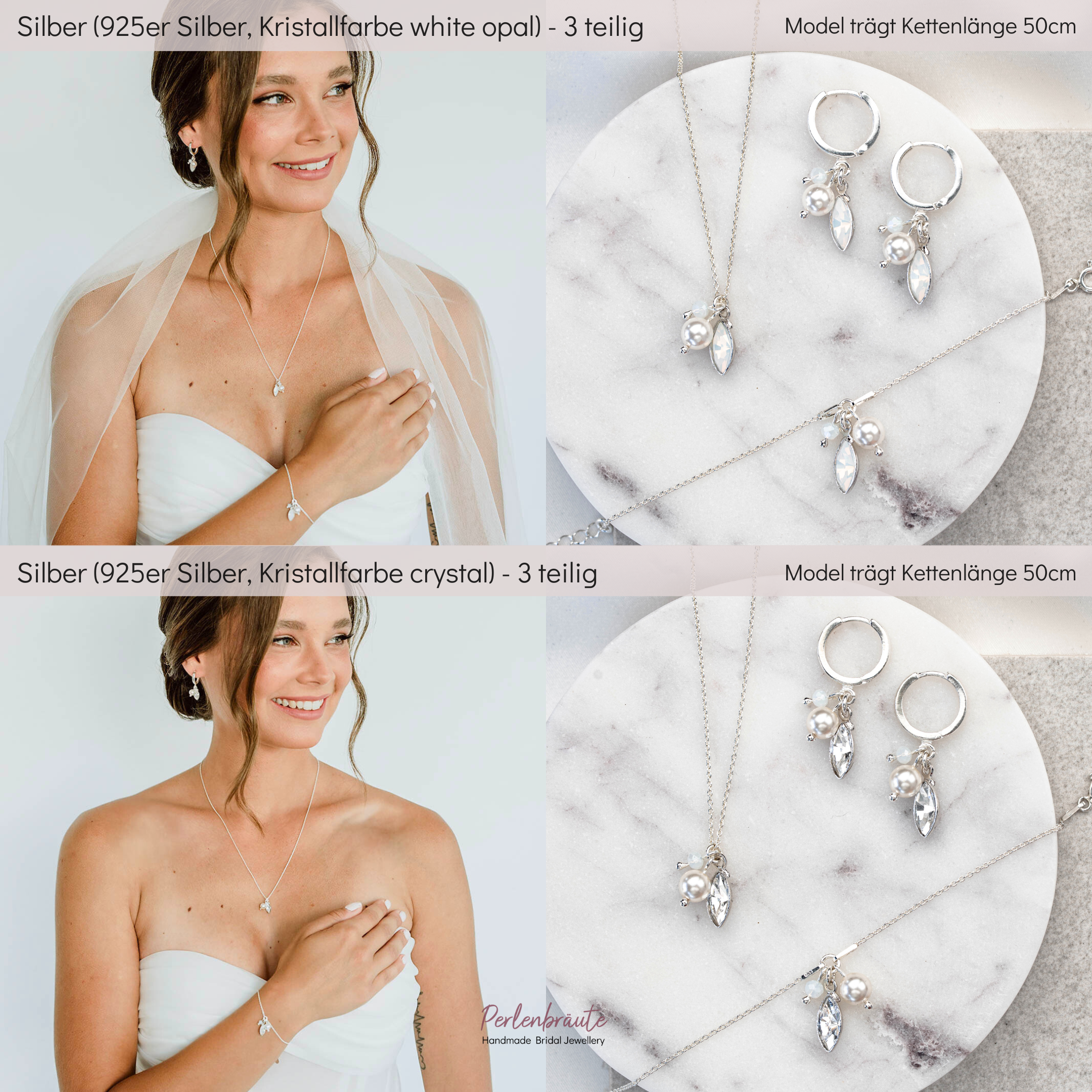 Perlenbräute Kylie Brautschmuck Set Silber white opal 45cm