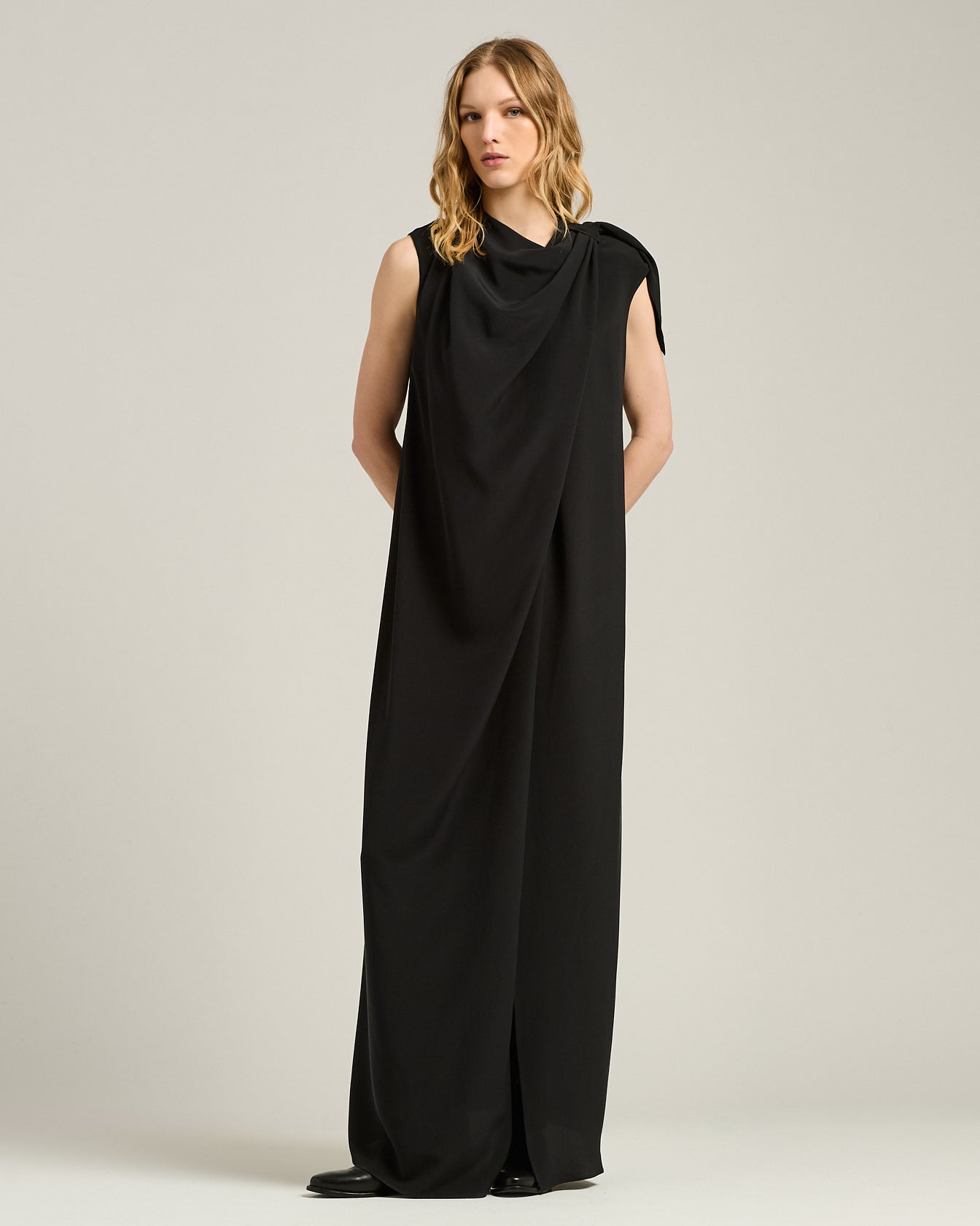 Kiton Black Draped Dress Kleid Seide Schwarz Schlitz