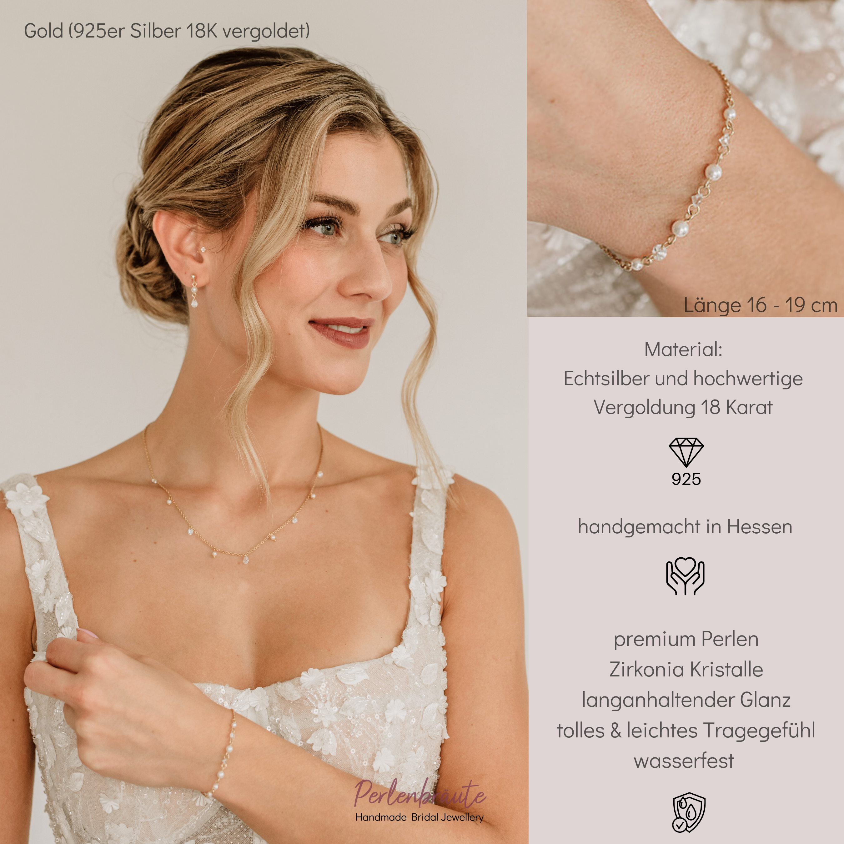 Perlenbräute Amina Armband Perlen Gold 925 Silber 16-19cm