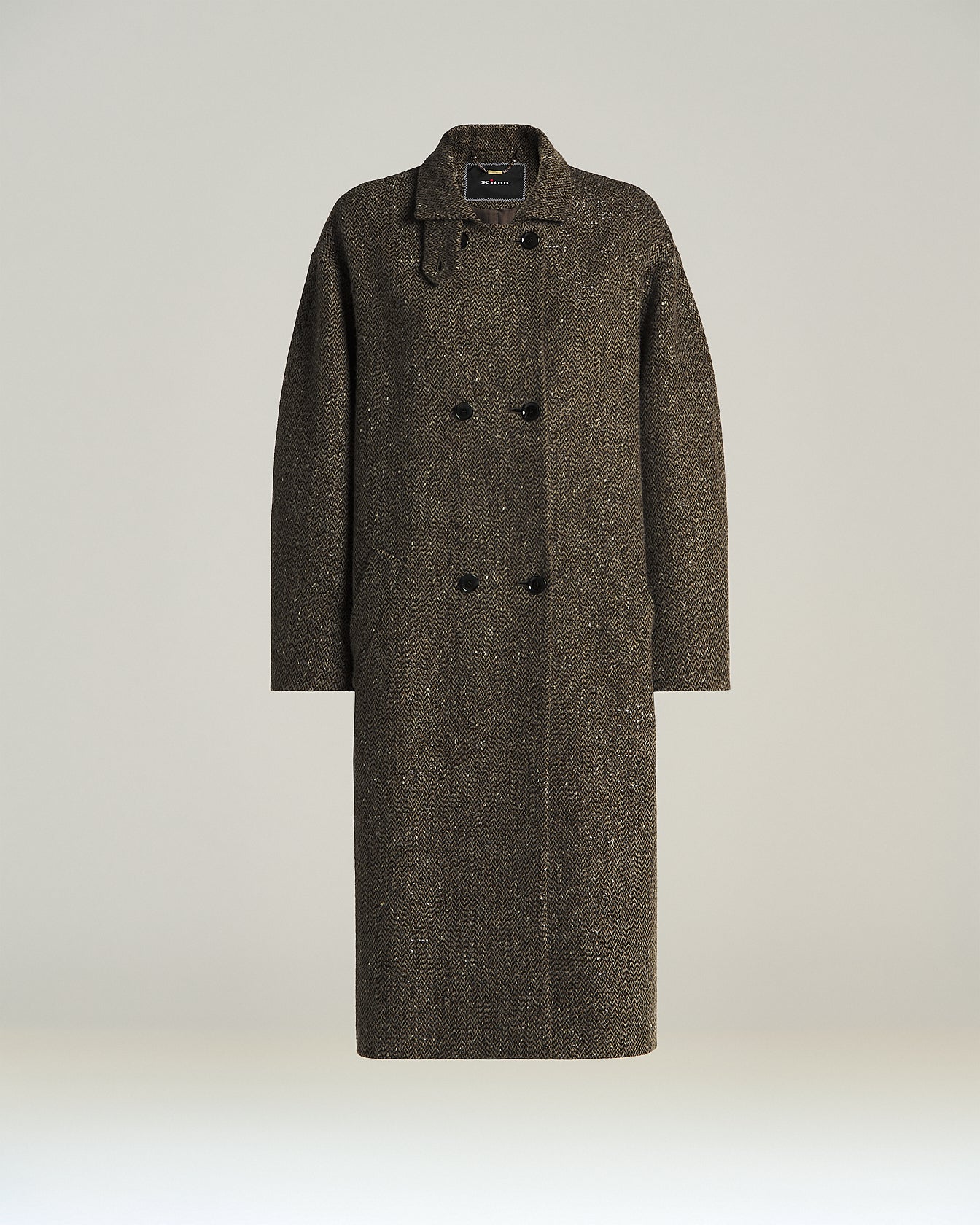 Kiton Outerwear Zweireihiger Mantel Wolle Bouclé Braun Knielang