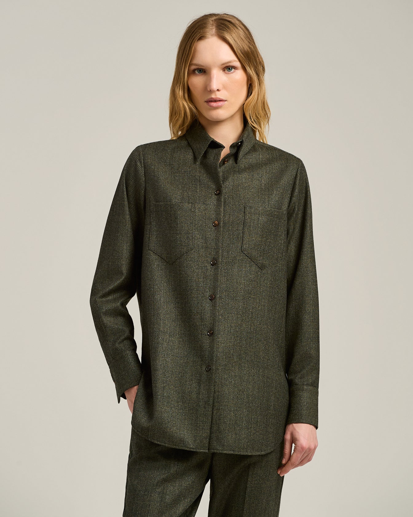 Kiton Shirts GREEN PRINCE OF WALES Bluse Wolle grün karo
