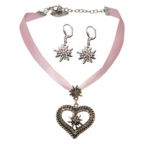 Alpenflüstern Daheim SET044 Trachtenset rosa-rosé Satinkette+Ohrhänger