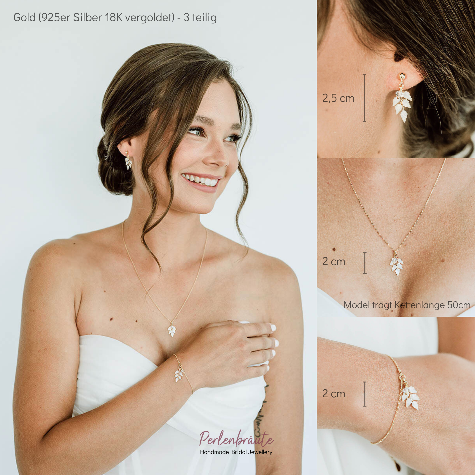 Perlenbräute Lana Brautschmuck Set Blätter Silber Kette 45cm