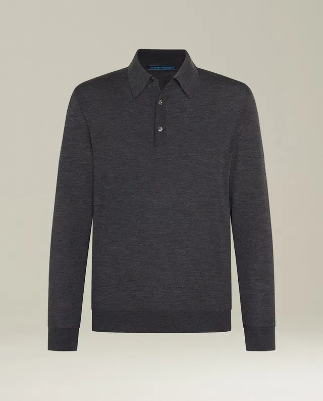Kiton Polo Charcoal Gray Wool Langarmpolo M Wolle