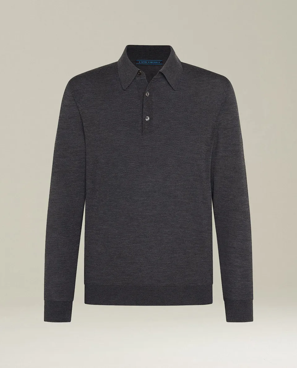 Kiton Polo Charcoal Gray Wool Langarmpolo M Wolle