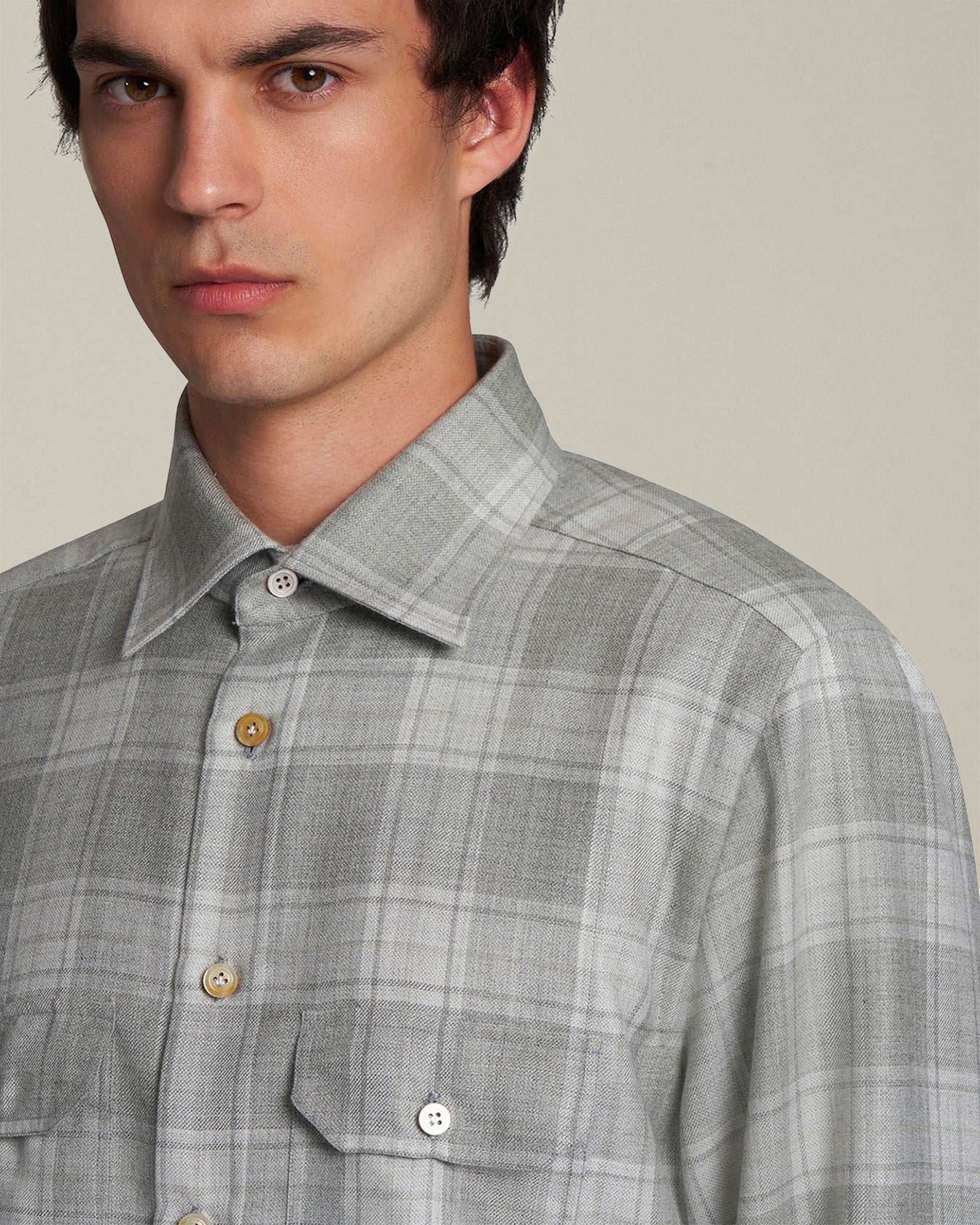 Kiton Shirts Shirt Cashmere Overshirt Hellgrau Karo