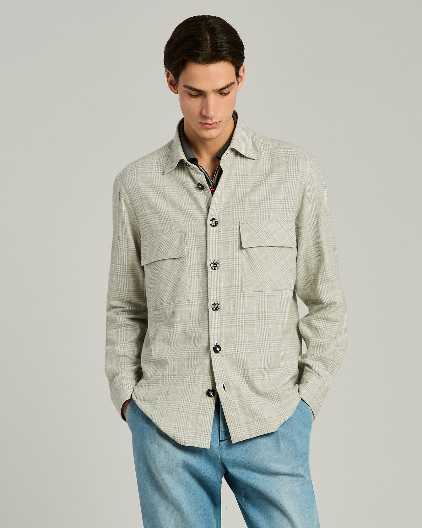 Kiton Shirts Overshirt Baumwolle Hellgrau Kariert