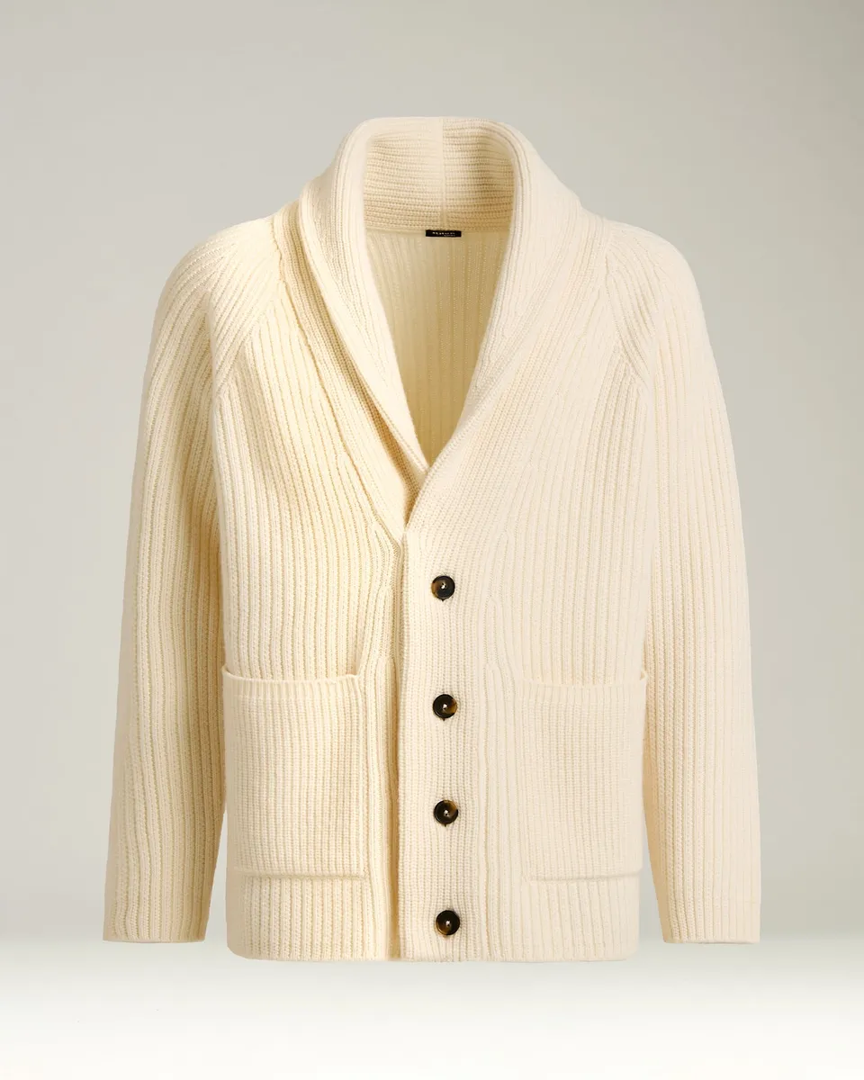 Kiton Knitwear Schalkragen Cardigan Wolle Kaschmir Weiß