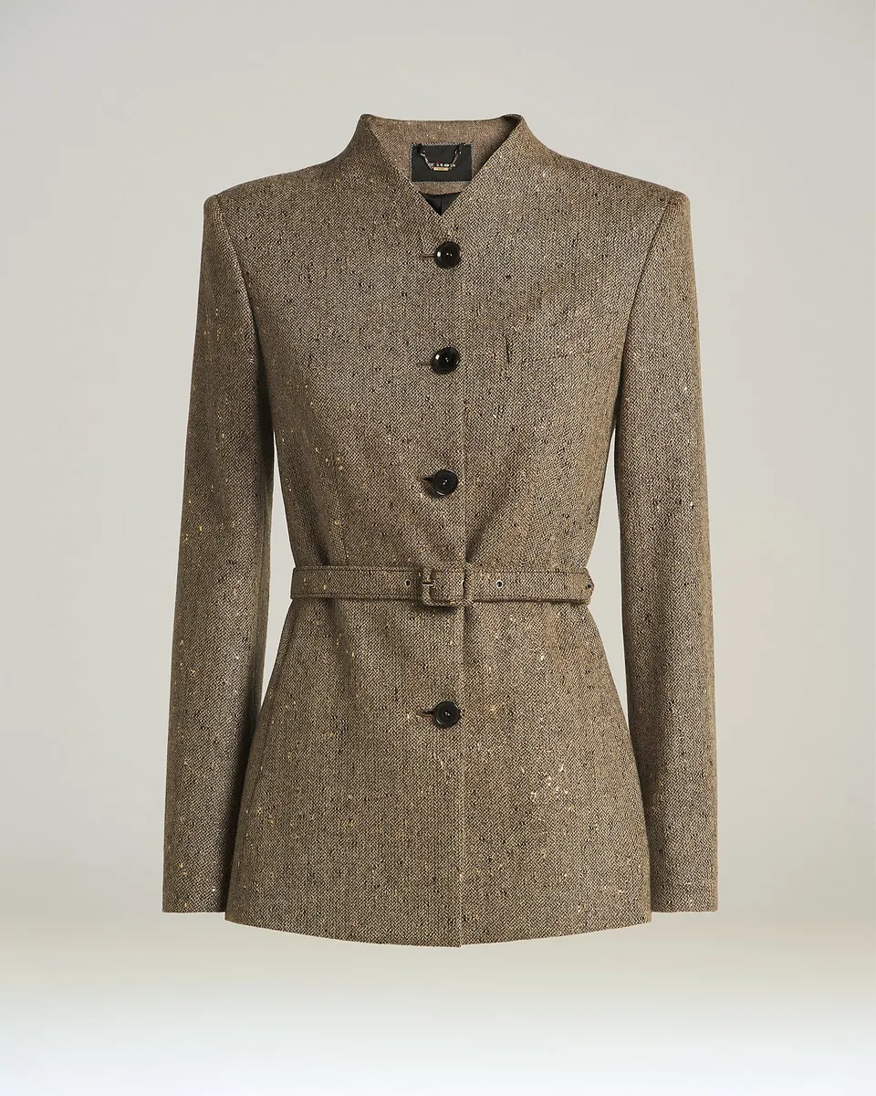 Kiton Jackets Brown Bouclé Tweed Gürteljacke Größe 40