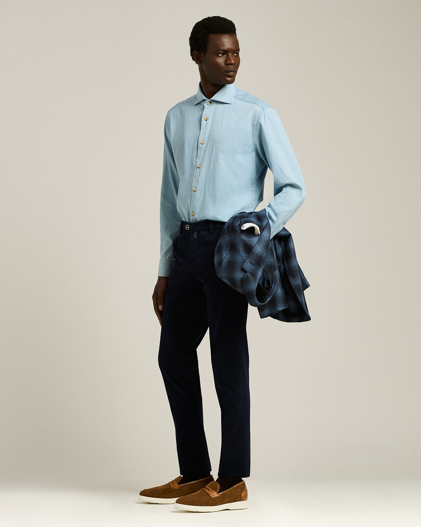 Kiton Casual Denim Hemd Hellblau Spread-Kragen Gr. M