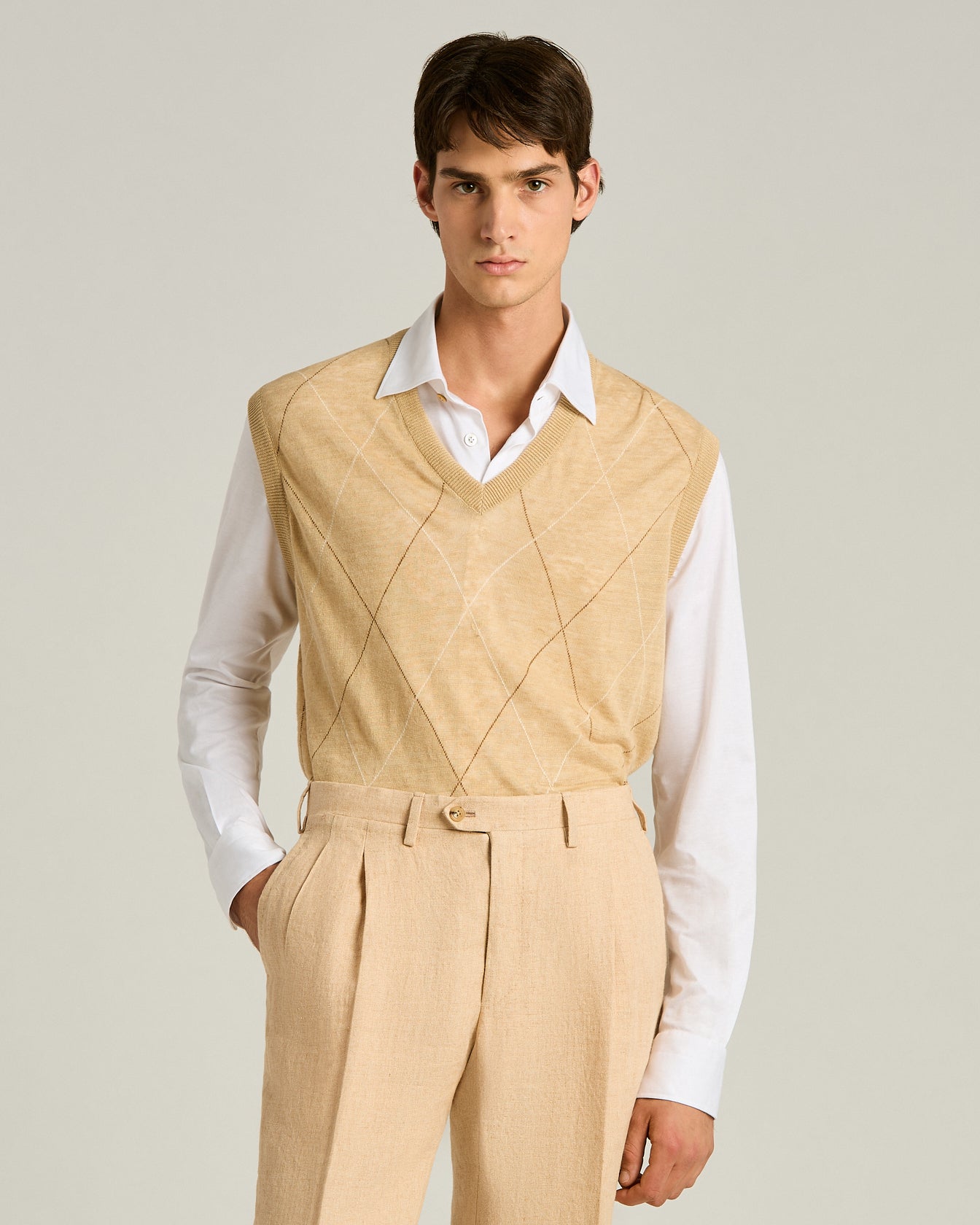 Kiton Gilet Pullunder Leinen Beige Rautenmuster L