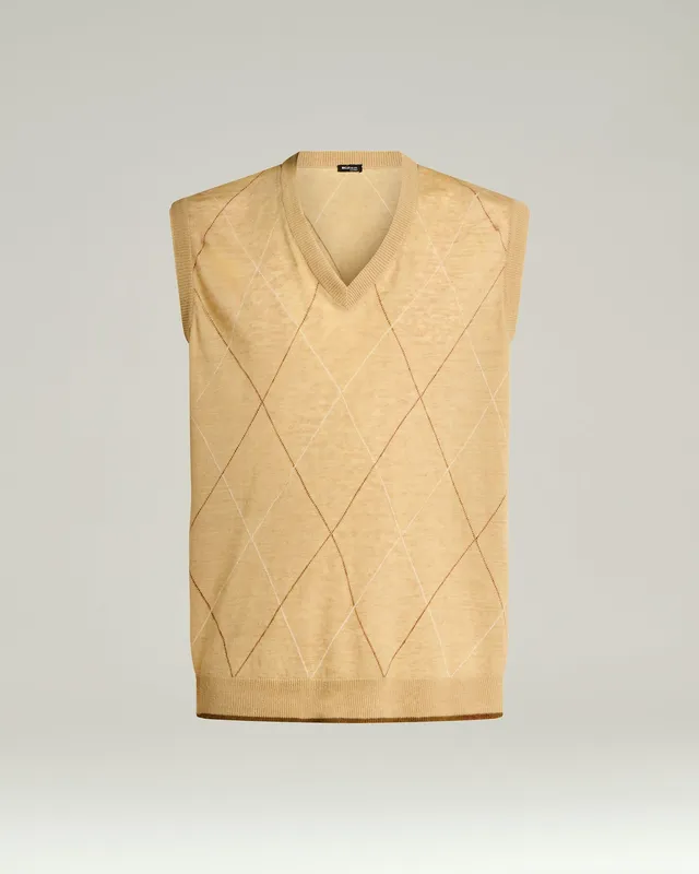 Kiton Gilet Pullunder Leinen Beige Rautenmuster L