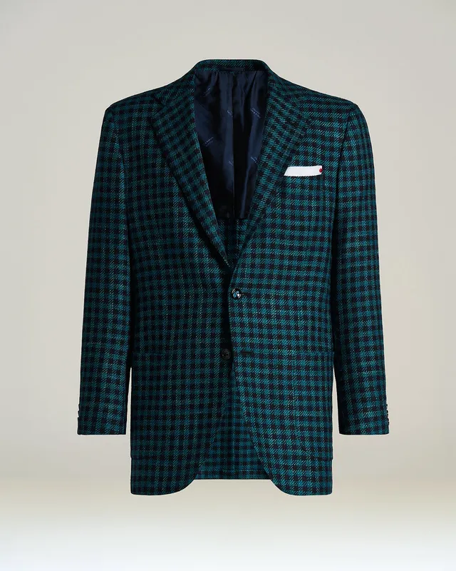 Kiton Jackets Sakko grün Karo Kaschmir Wolle Seide Leinen