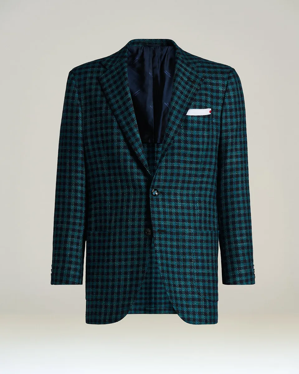 Kiton Jackets Sakko grün Karo Kaschmir Wolle Seide Leinen