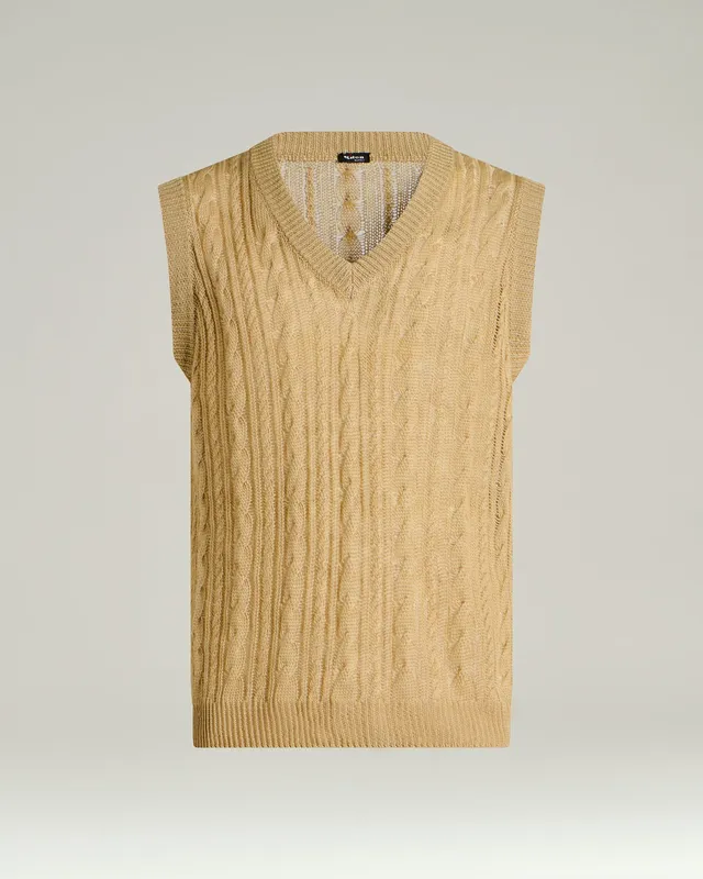 Kiton Knitwear Leinen Pullunder beige Zopfstrick V-Ausschnitt