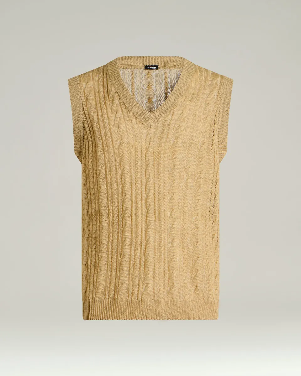 Kiton Knitwear Leinen Pullunder beige Zopfstrick V-Ausschnitt