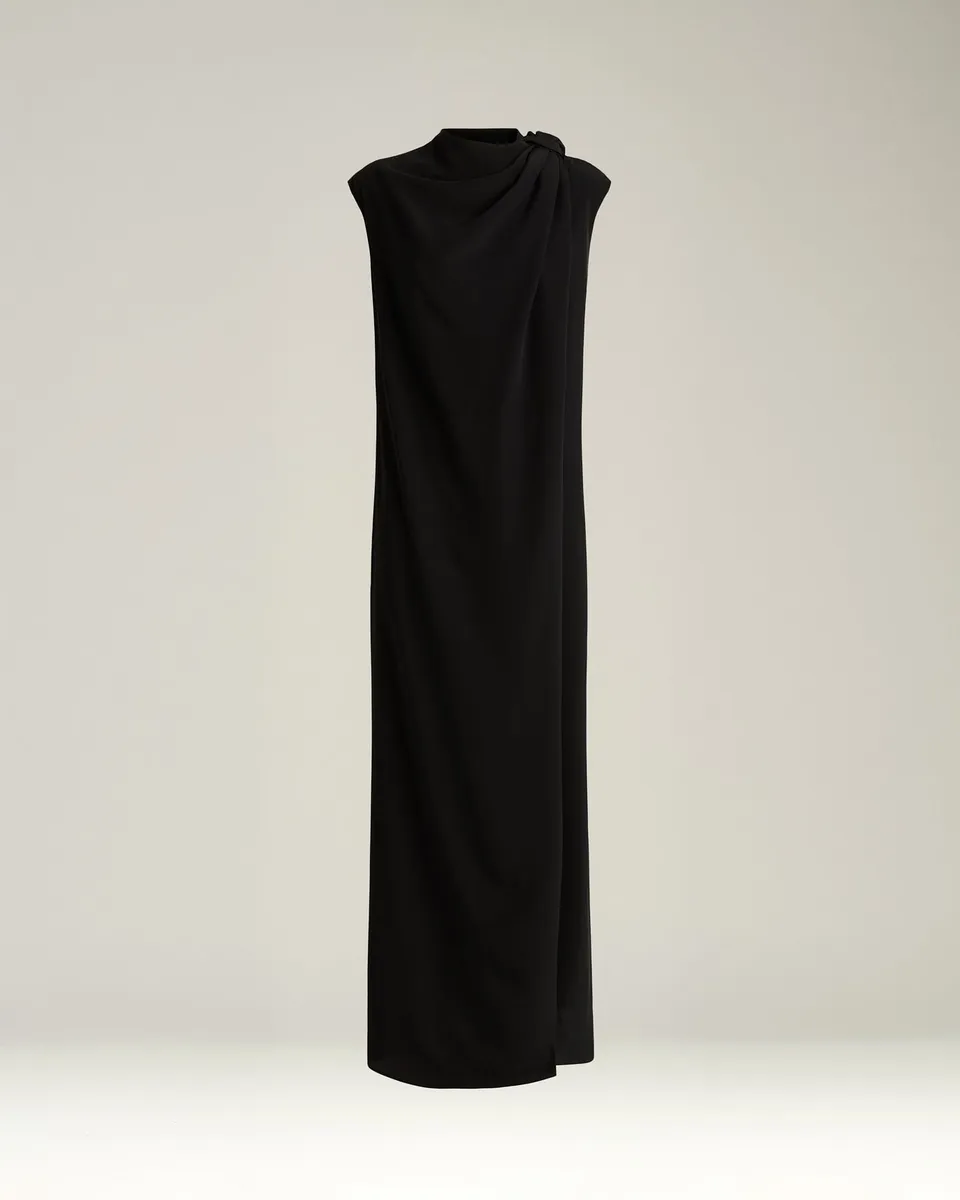 Kiton Black Draped Dress Kleid Seide Schwarz Schlitz