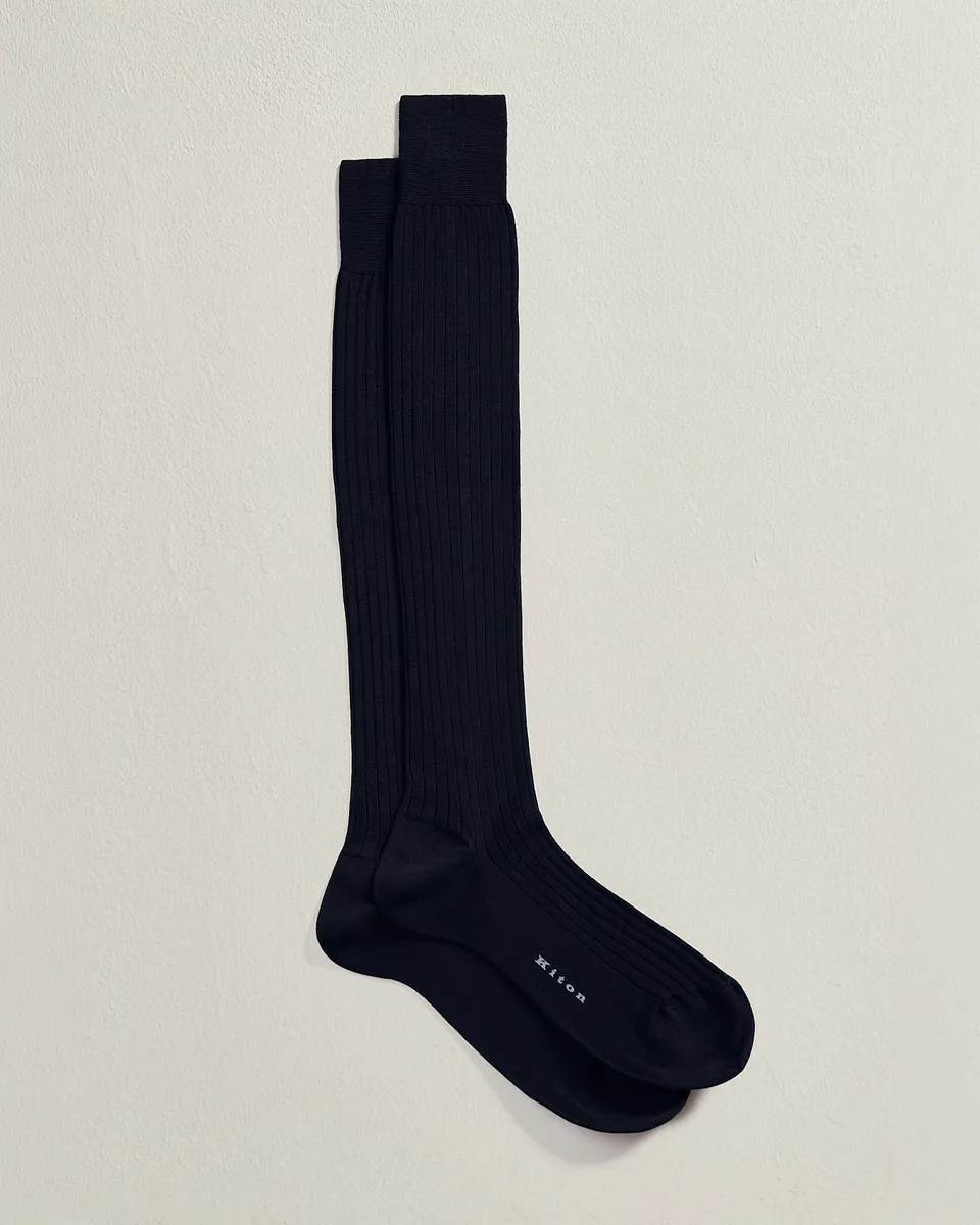Kiton Socken lang Baumwollsocken navy gerippt Gr. 43