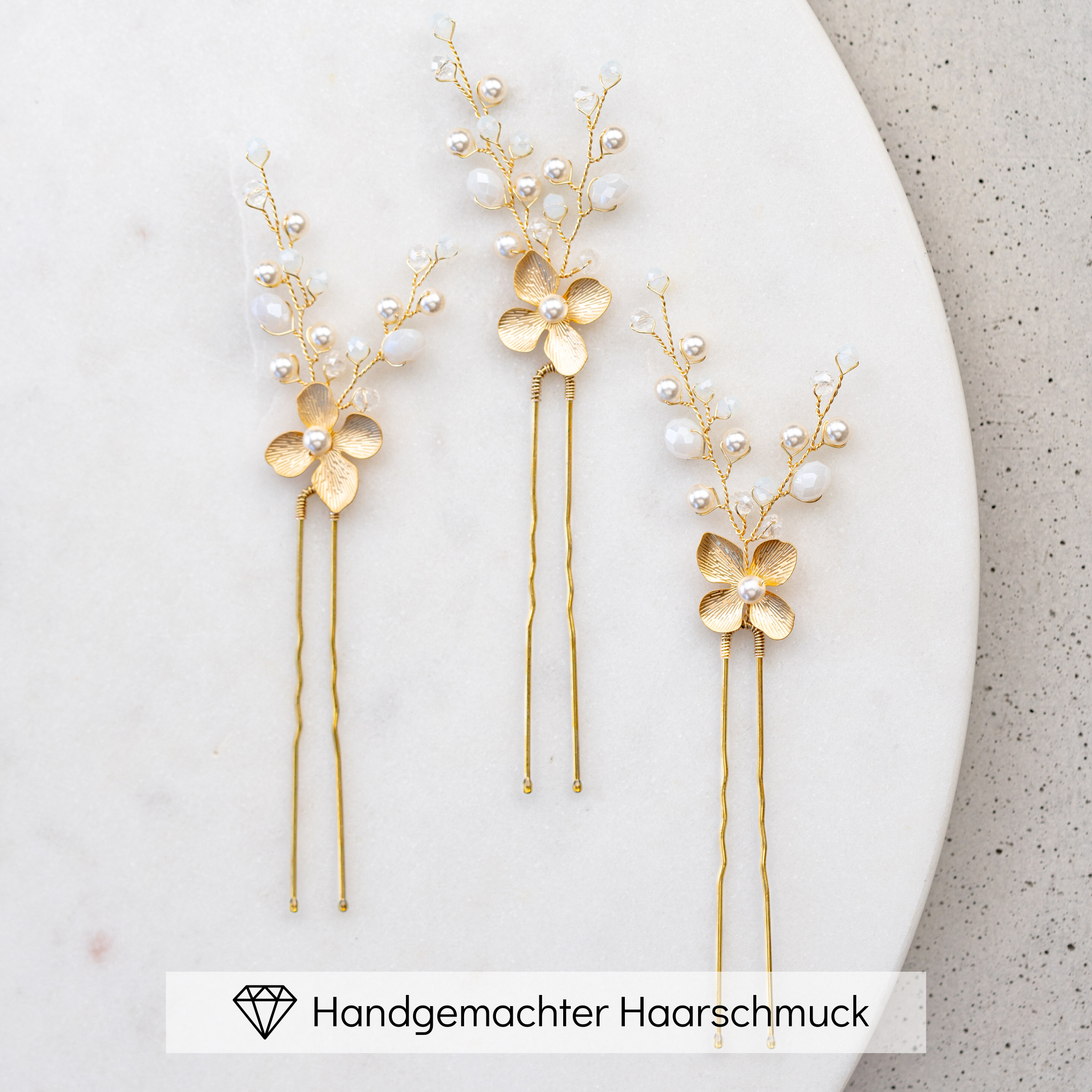 Perlenbräute Haarschmuck Babsi Haarnadeln Gold 3er Set Blüten