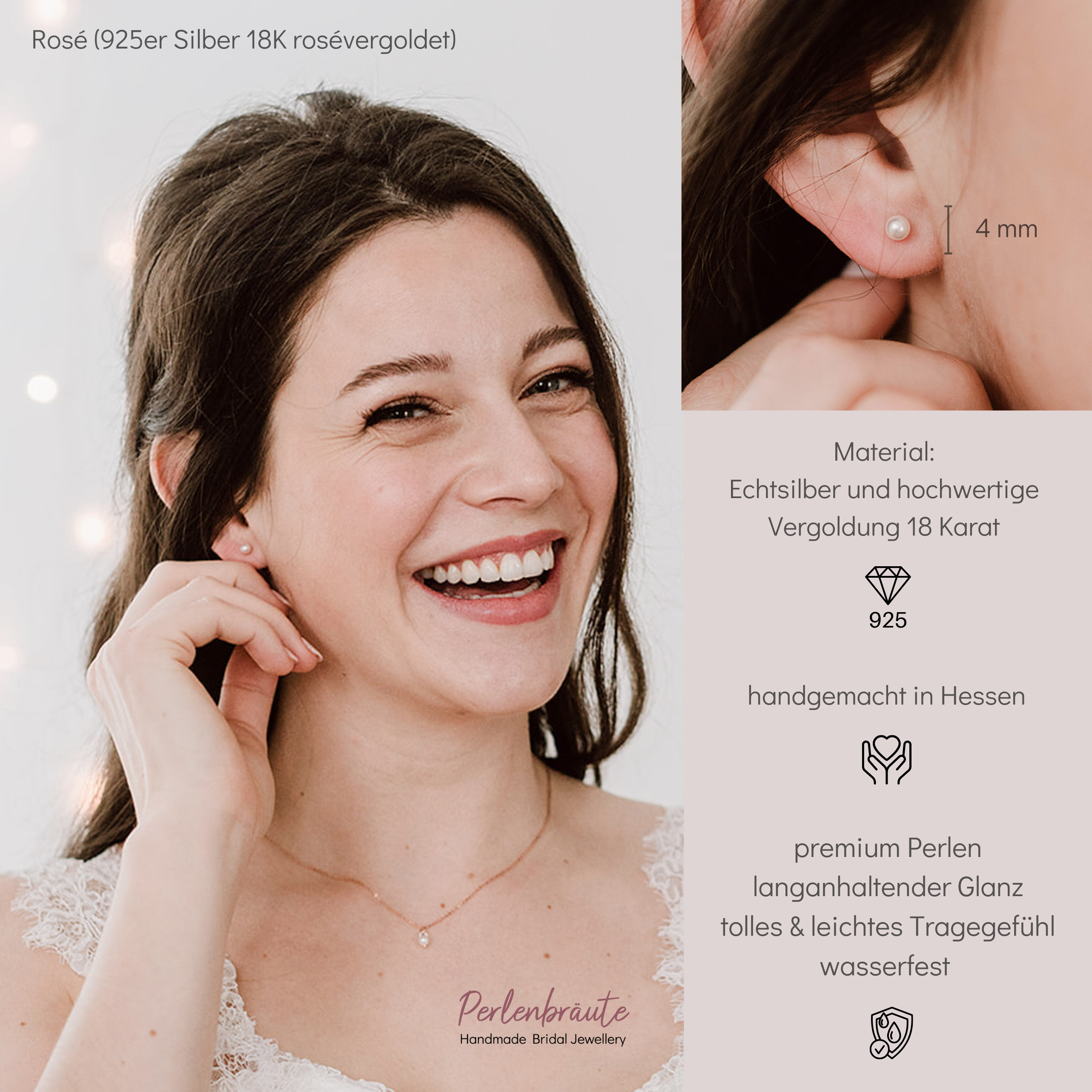 Perlenbräute Perla 4mm Perlenstecker Gold Brautschmuck mini