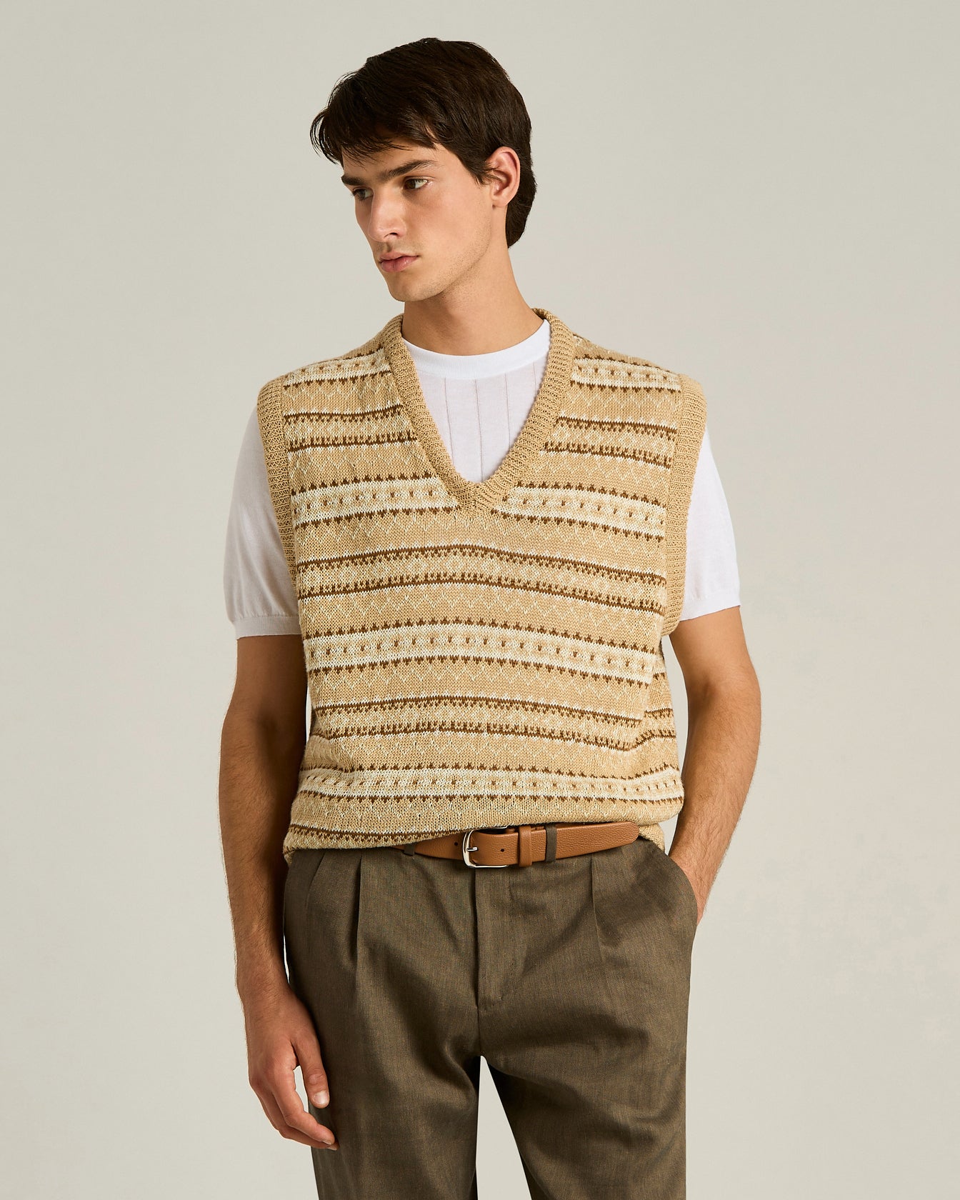 Kiton Gilet Leinen Pullunder Beige Braun V-Ausschnitt