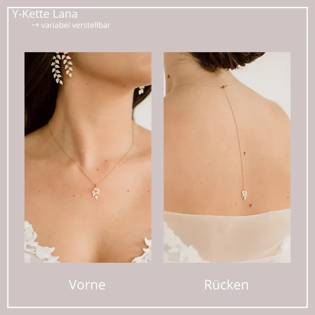 Perlenbräute Lana Y-Kette Braut Blätter Gold 64 cm