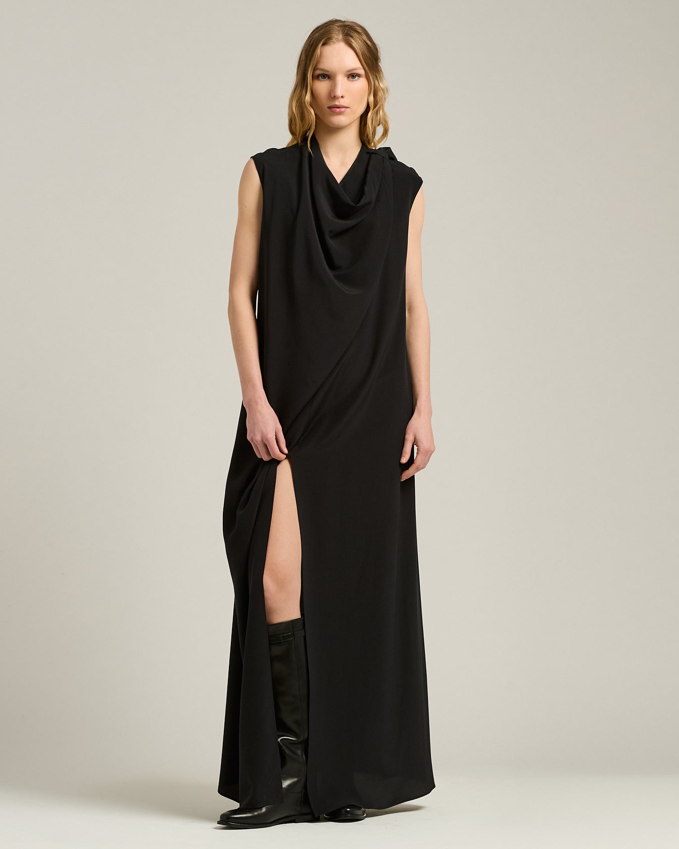Kiton Black Draped Dress Kleid Seide Schwarz Schlitz