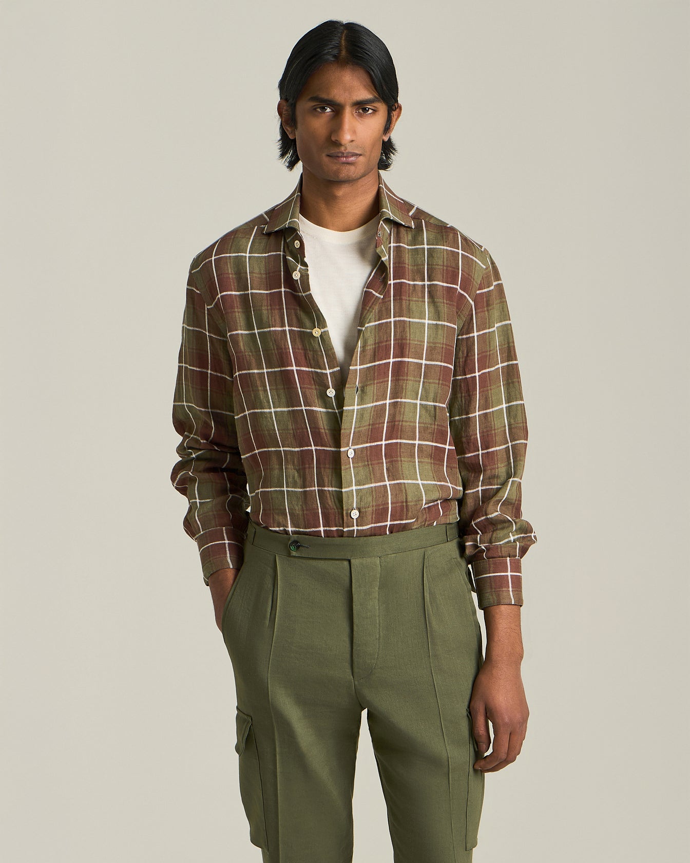 Kiton Linen Checked Shirt Leinenhemd Kariert Perlmutt
