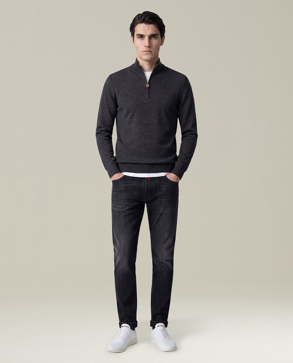 Kiton Knitwear Wollpullover Anthrazit mit Halbreissverschluss