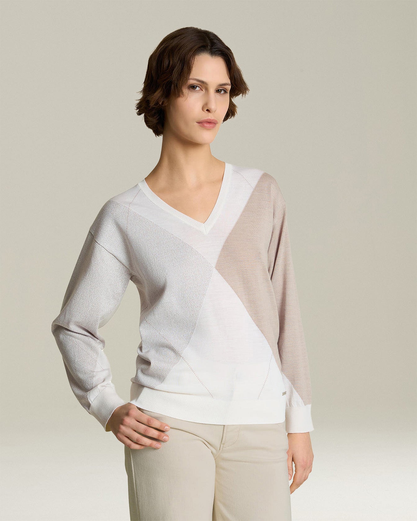 Kiton Knitwear V-Pullover Wolle Seide geometrisch Gr 36-48