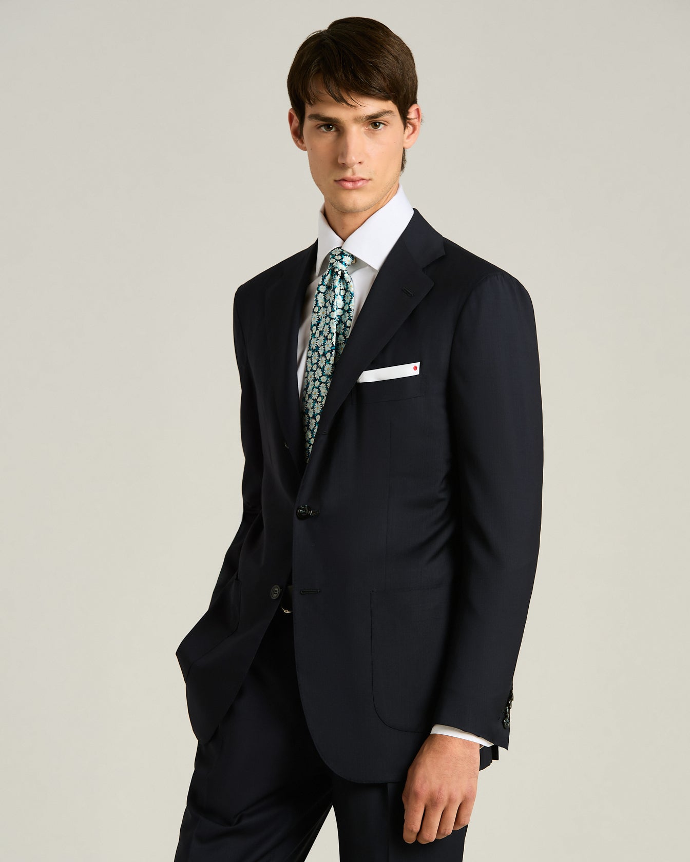 Kiton Seidenkrawatte Blau Grün Micro Floral 8,5 cm