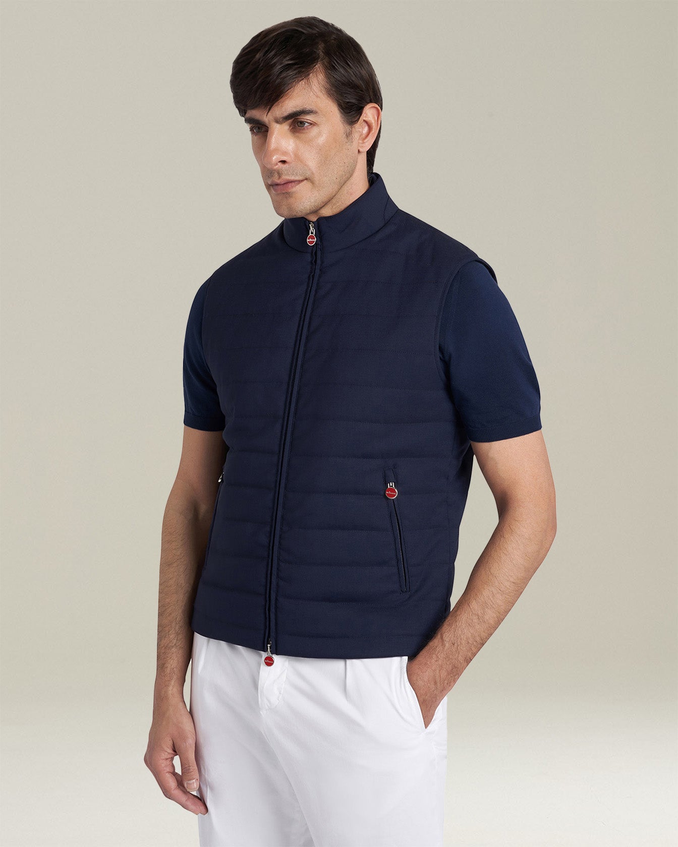 Kiton Gilet Weste Schurwolle Blau Zip Herrenweste