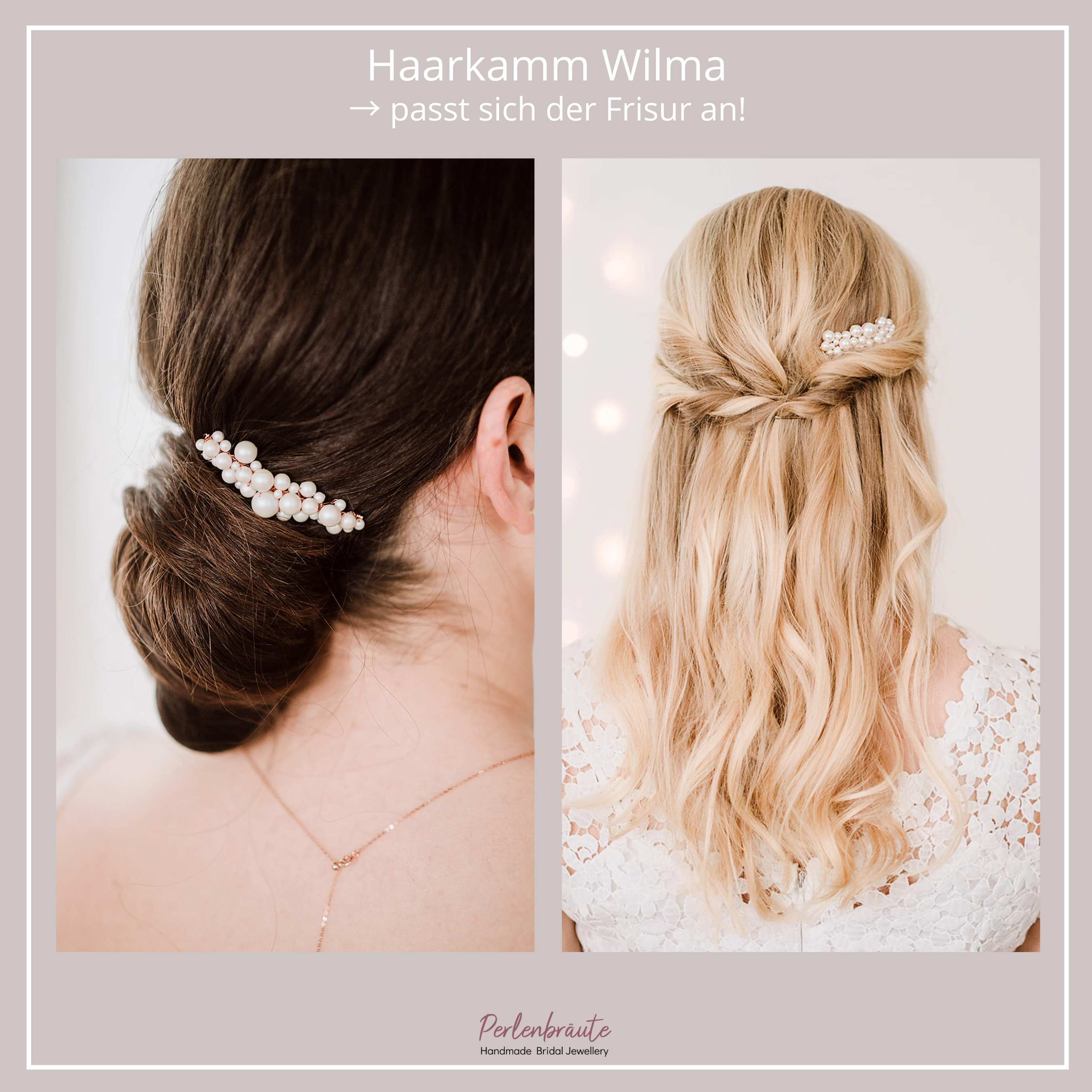 Perlenbräute Wilma Haarkamm Braut-Haarschmuck Gold Perlen 7 cm