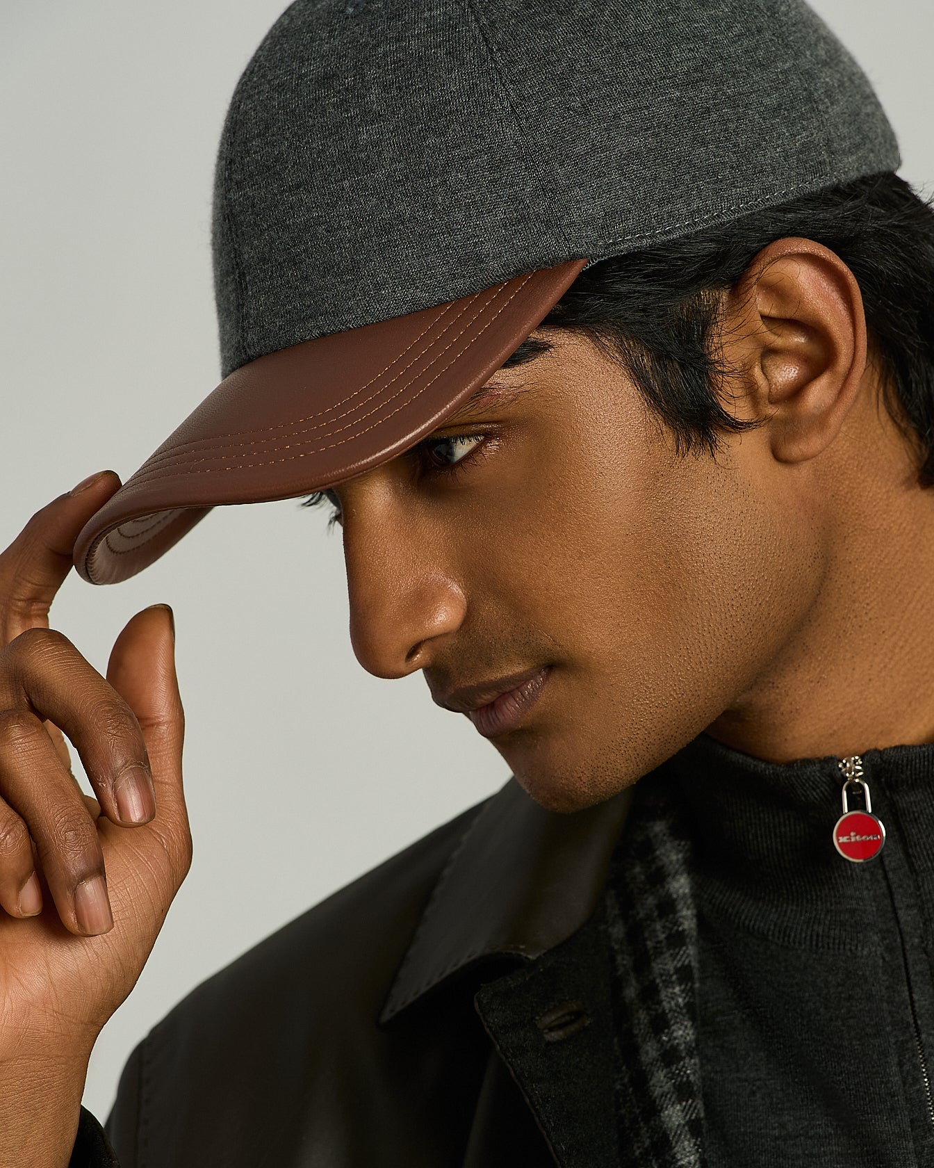 Kiton Baseball Cap Grau Kaschmir Leder TU