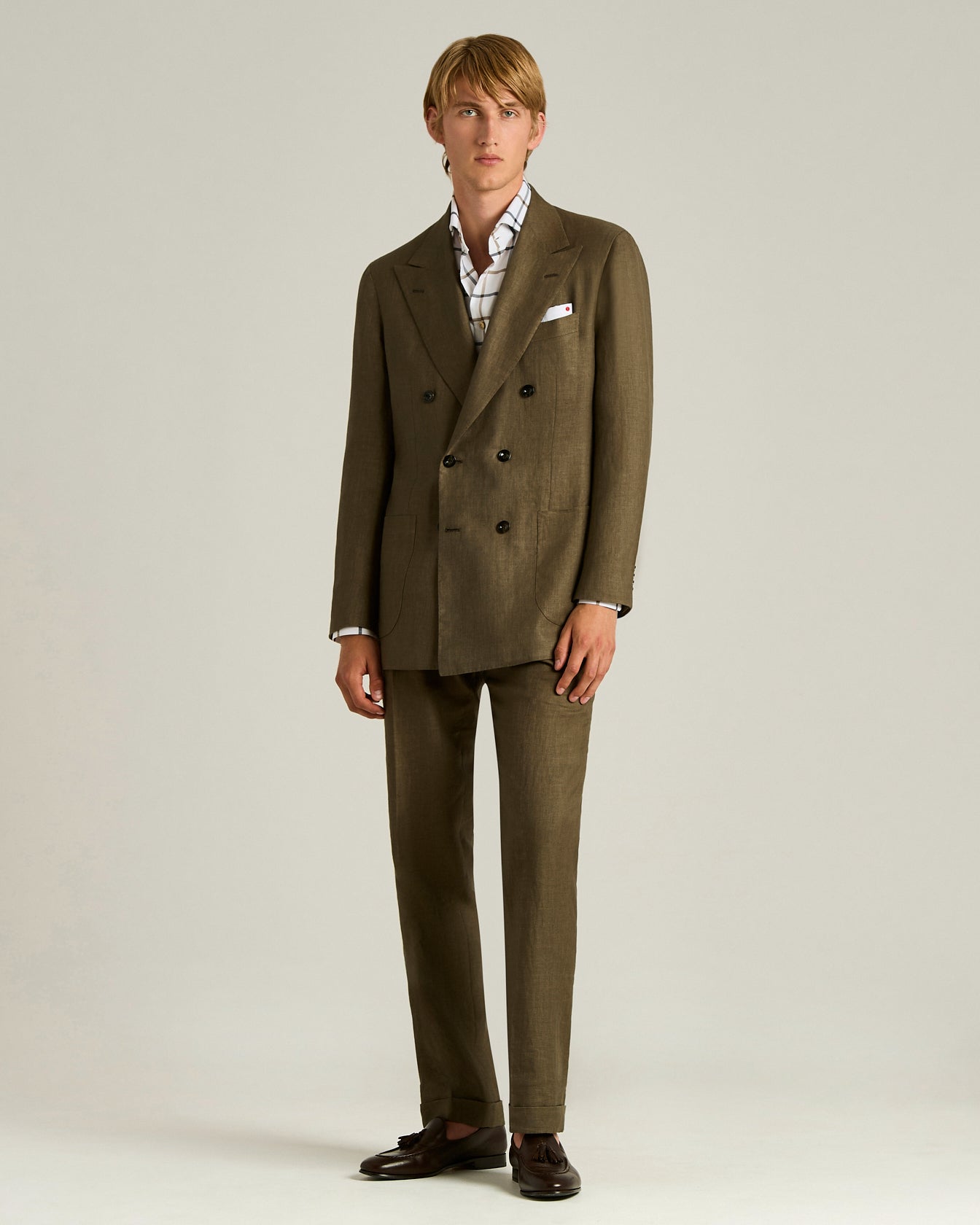 Kiton Double-Breasted Anzug Gr.50 Braun Leinen