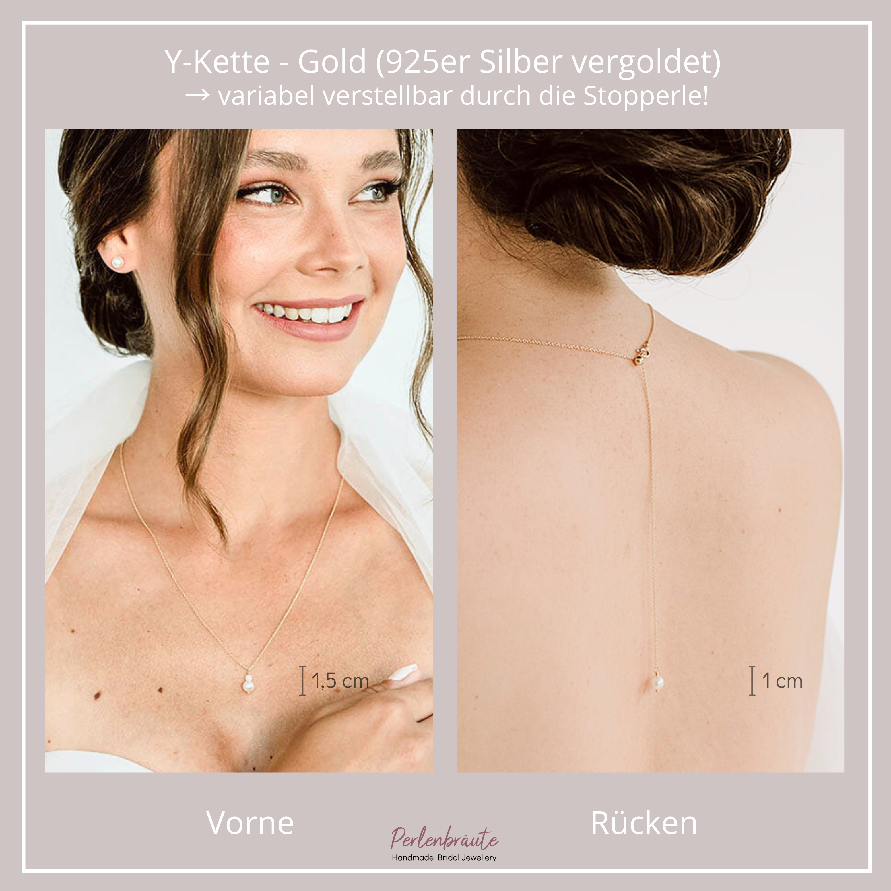 Perlenbräute Y-Kette Halskette Rückenkette Gold Perlen 65cm