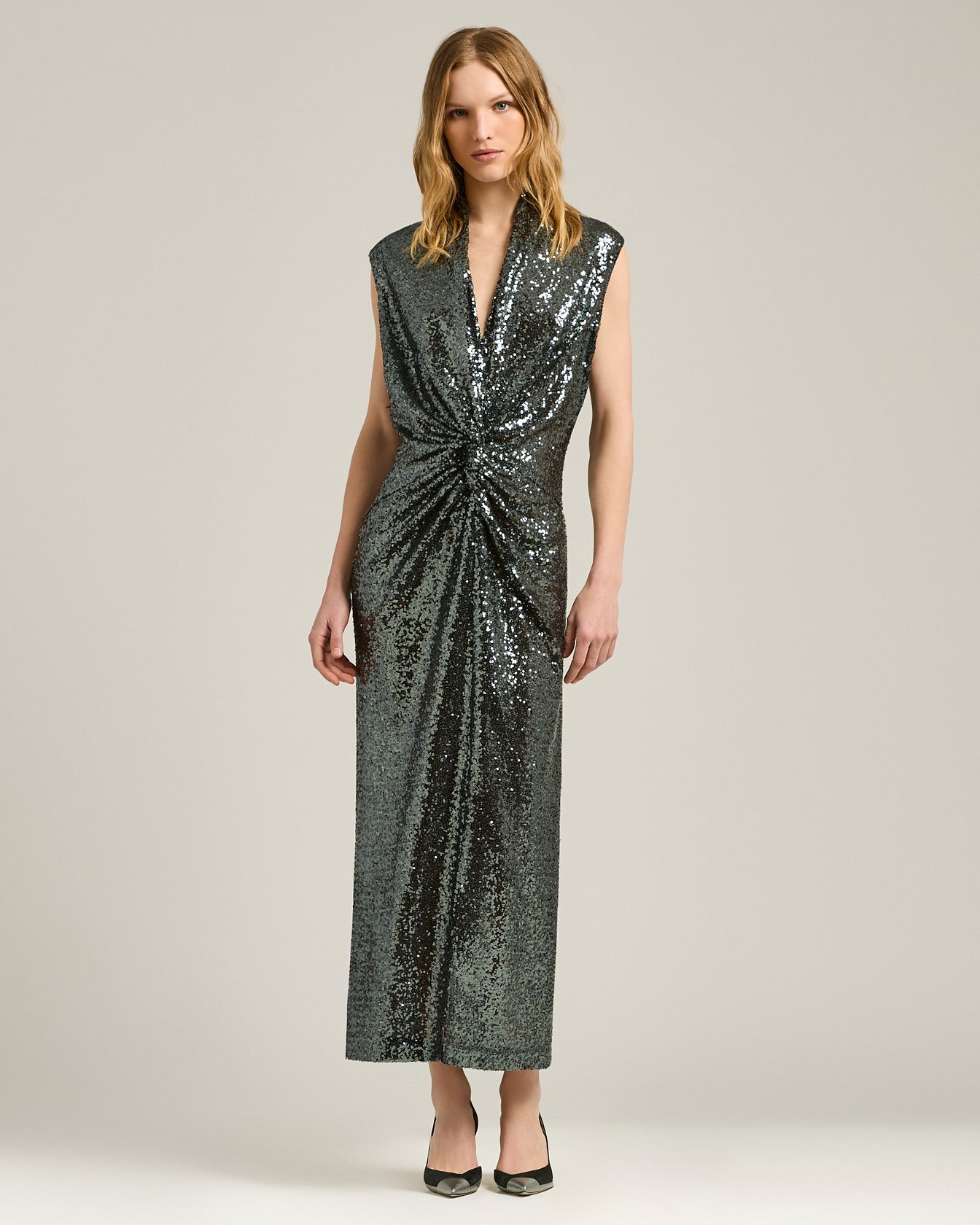 Kiton Dresses Midikleid Pailletten grau drapiert Party