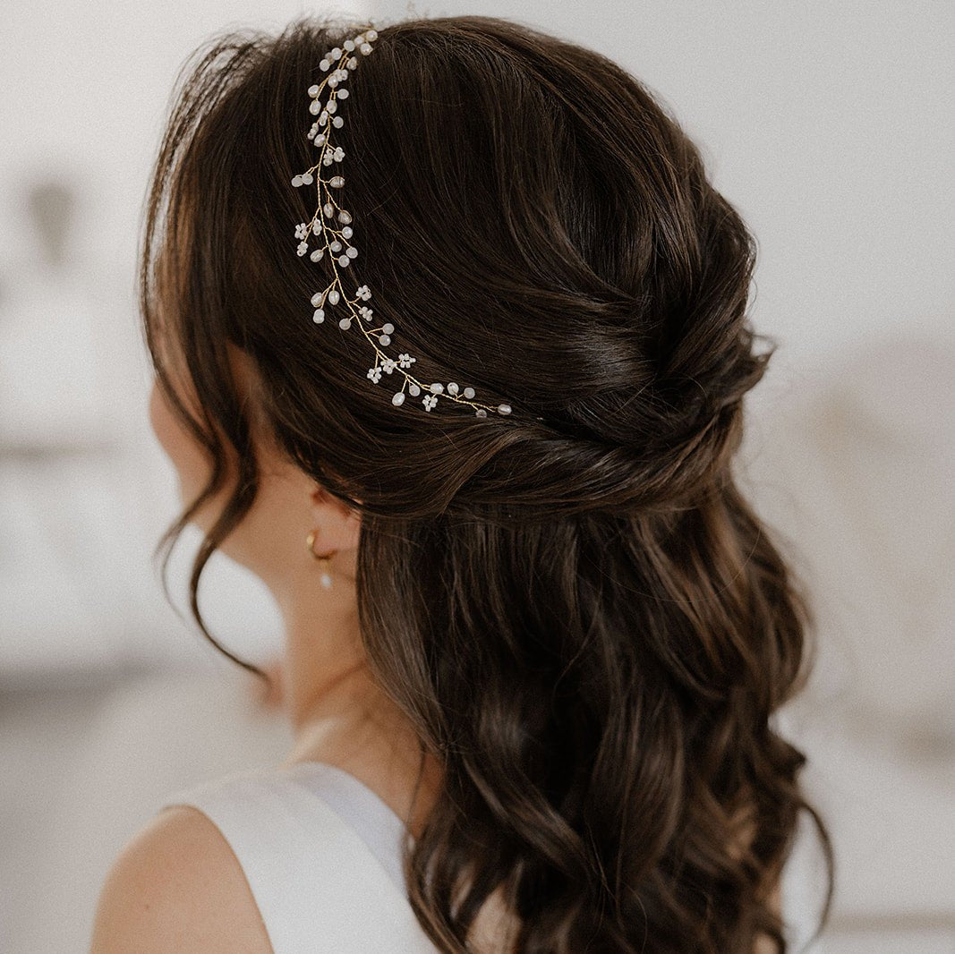 Perlenbräute Susi Brauthaarschmuck Headpiece Gold Perlen 37cm