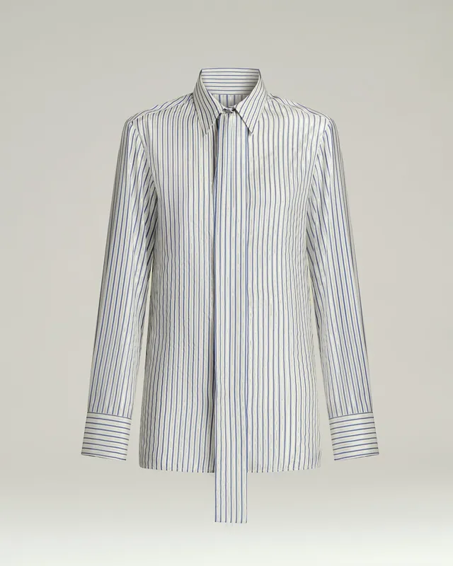 Kiton Silk Shirt Tie Detail Bluse weiß blau Seide Gr.36-48