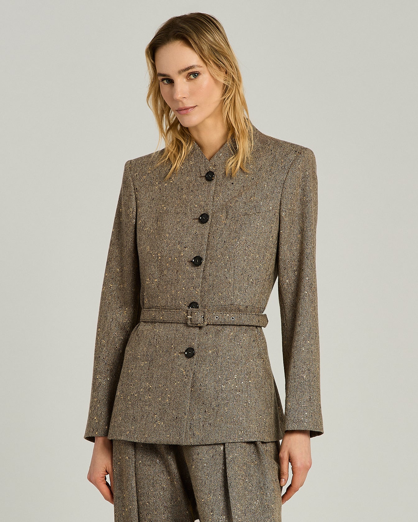 Kiton Jackets Brown Bouclé Tweed Gürteljacke Größe 40